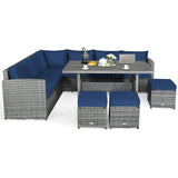 7 Pieces Patio Rattan Dining Furniture Sectional Sofa Set with Wicker Ottoman