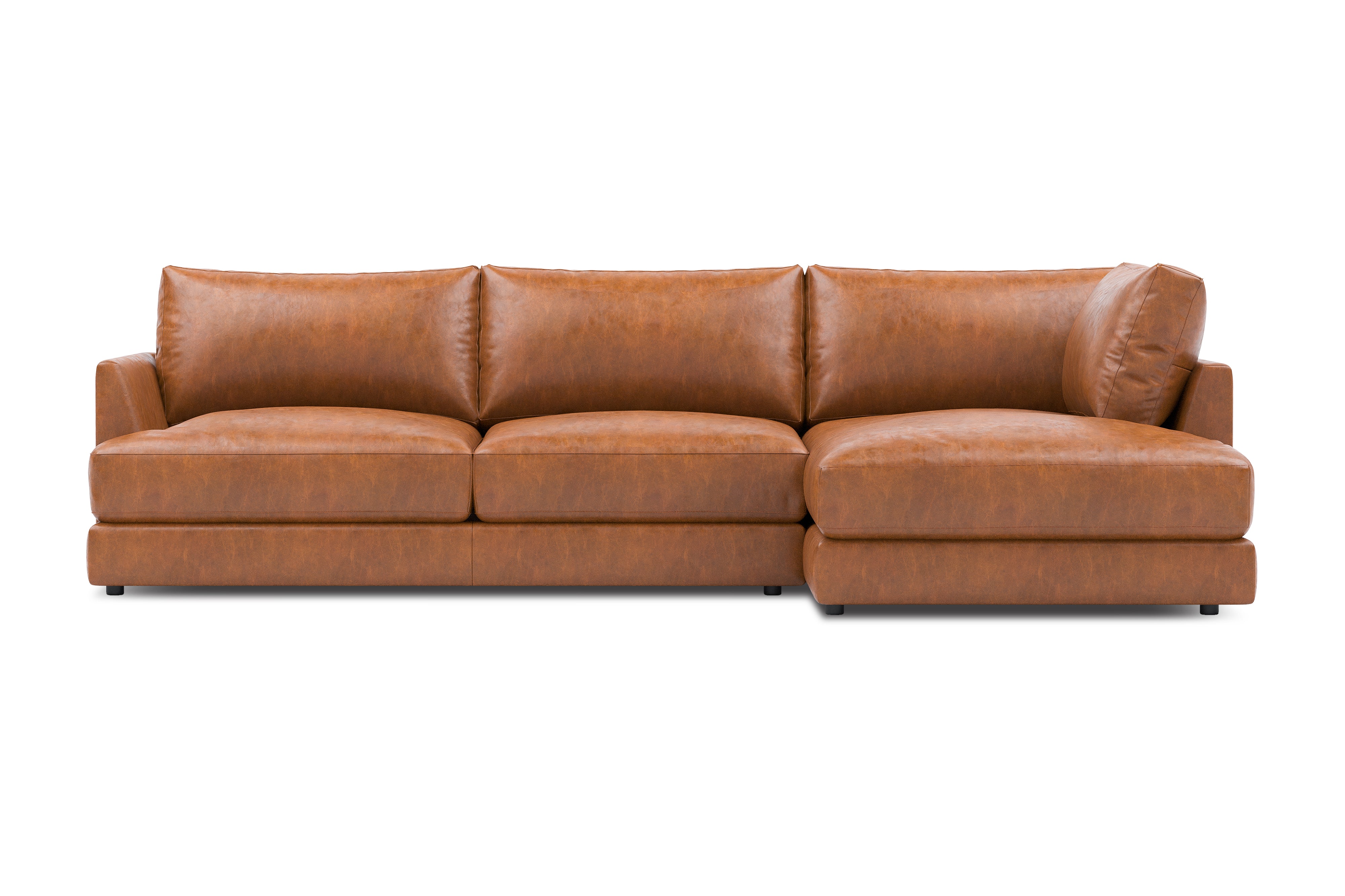 Valencia Serena Leather Three Seats with Right Chaise Sectional Sofa, Cognac