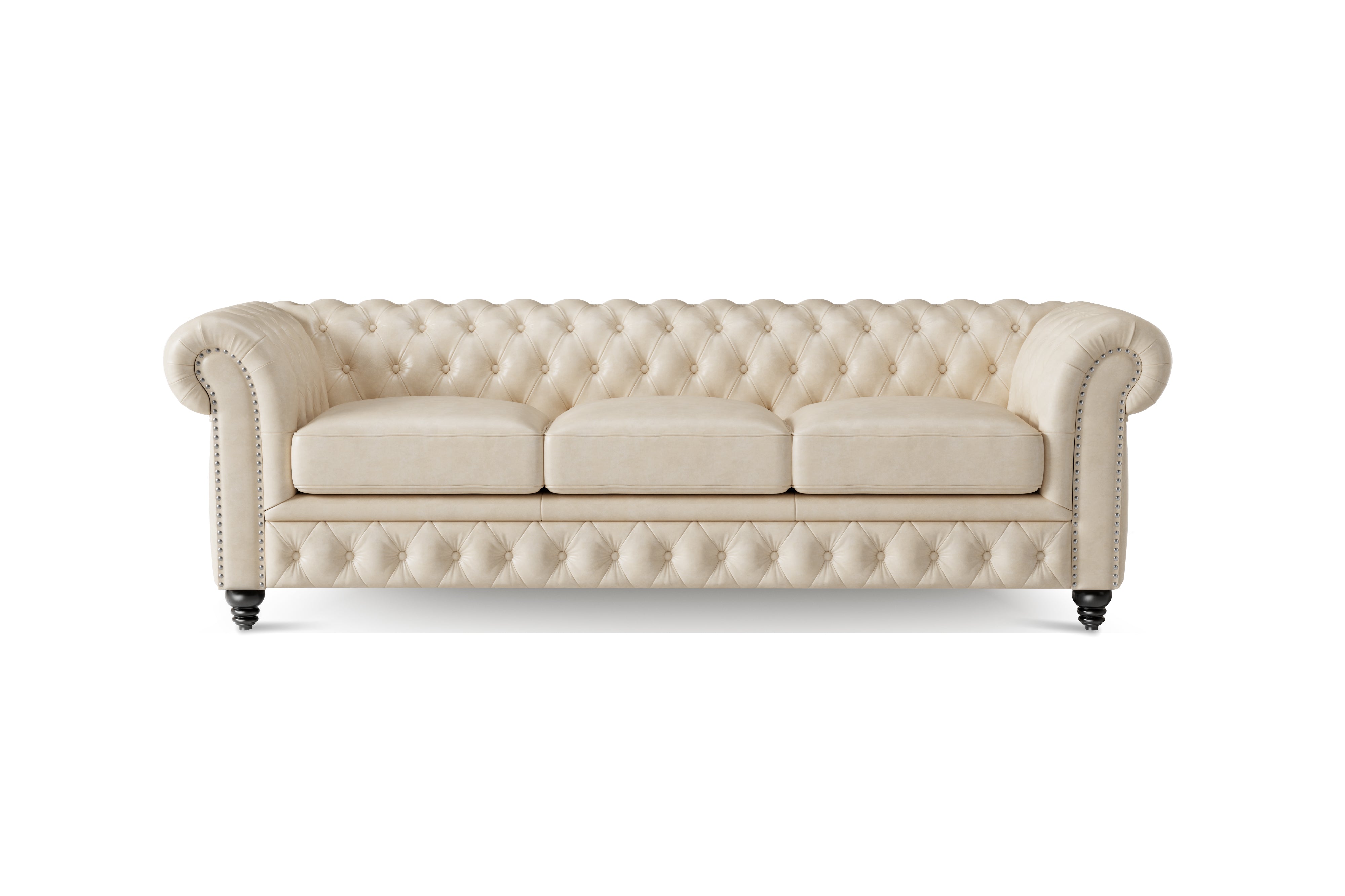 Valencia Parma 92" Full Aniline Leather Chesterfield Three Seats Sofa, Antique White