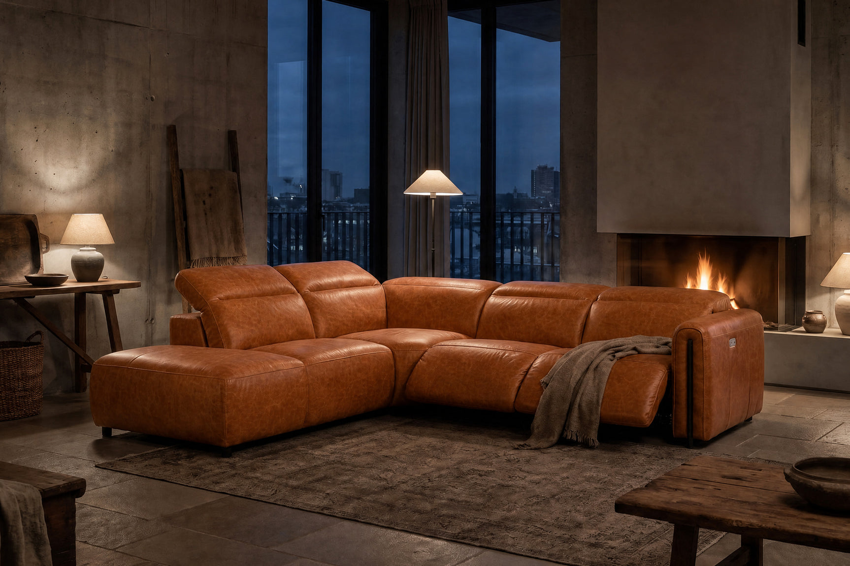 Octavia Distressed Italian Aniline Leather Reclining Corner Sectional Sofa