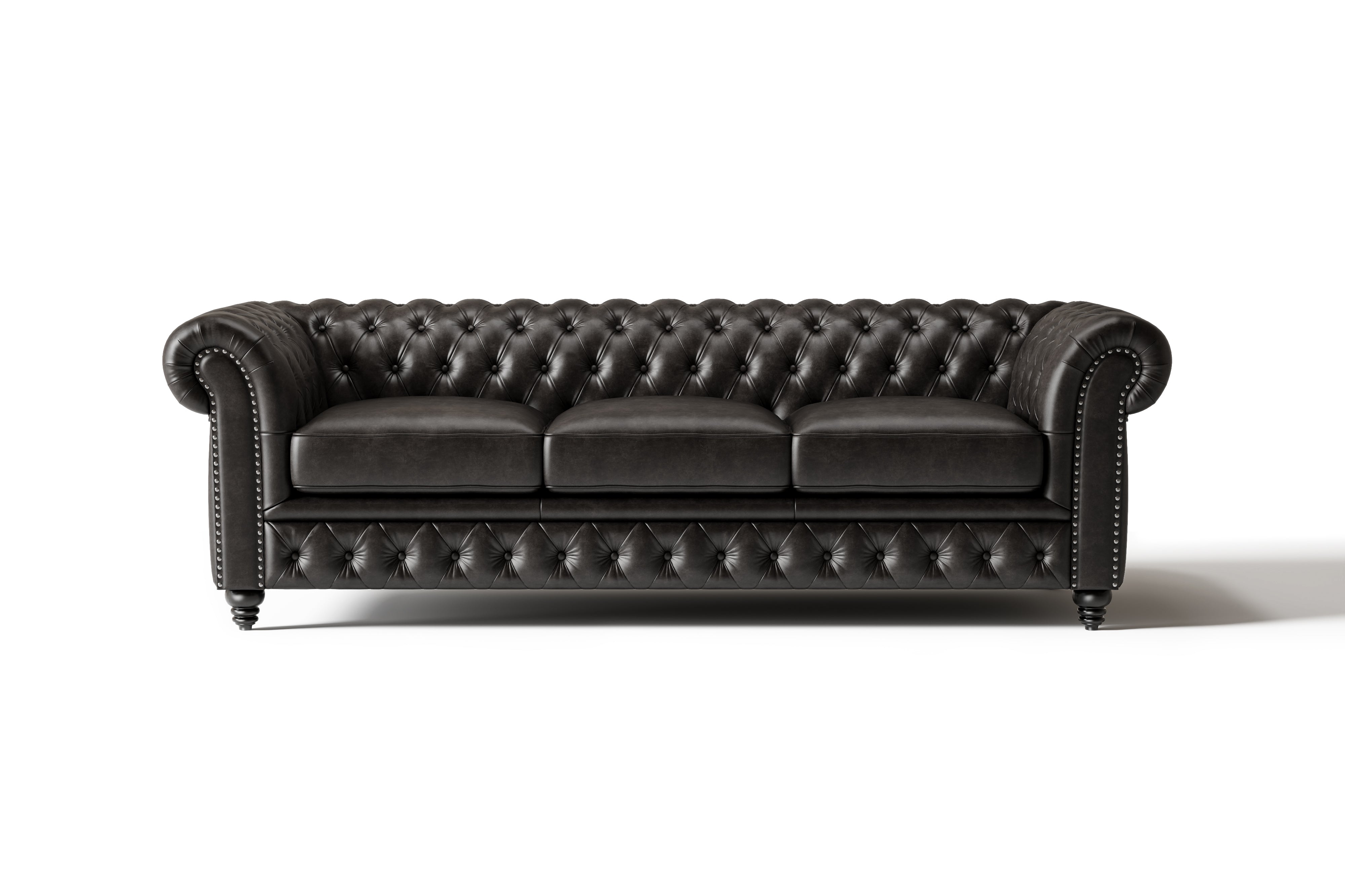 Valencia Parma 92" Full Aniline Leather Chesterfield Three Seats Sofa, Black Color