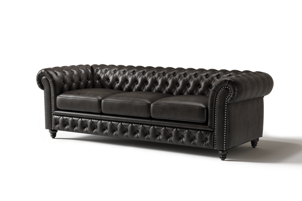 Valencia Parma 92" Full Aniline Leather Chesterfield Three Seats Sofa, Black Color