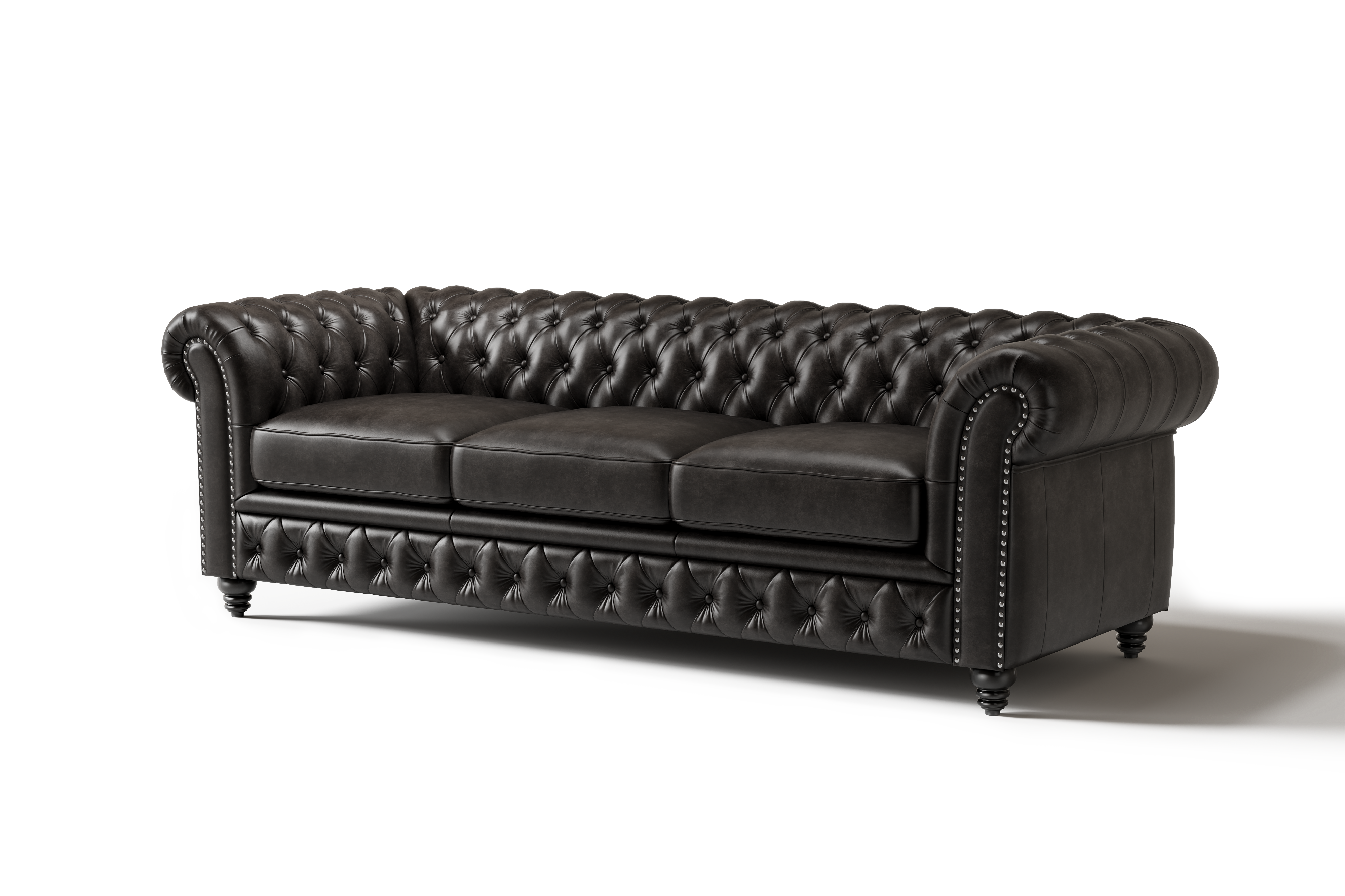 Valencia Parma 92" Full Aniline Leather Chesterfield Three Seats Sofa, Black Color