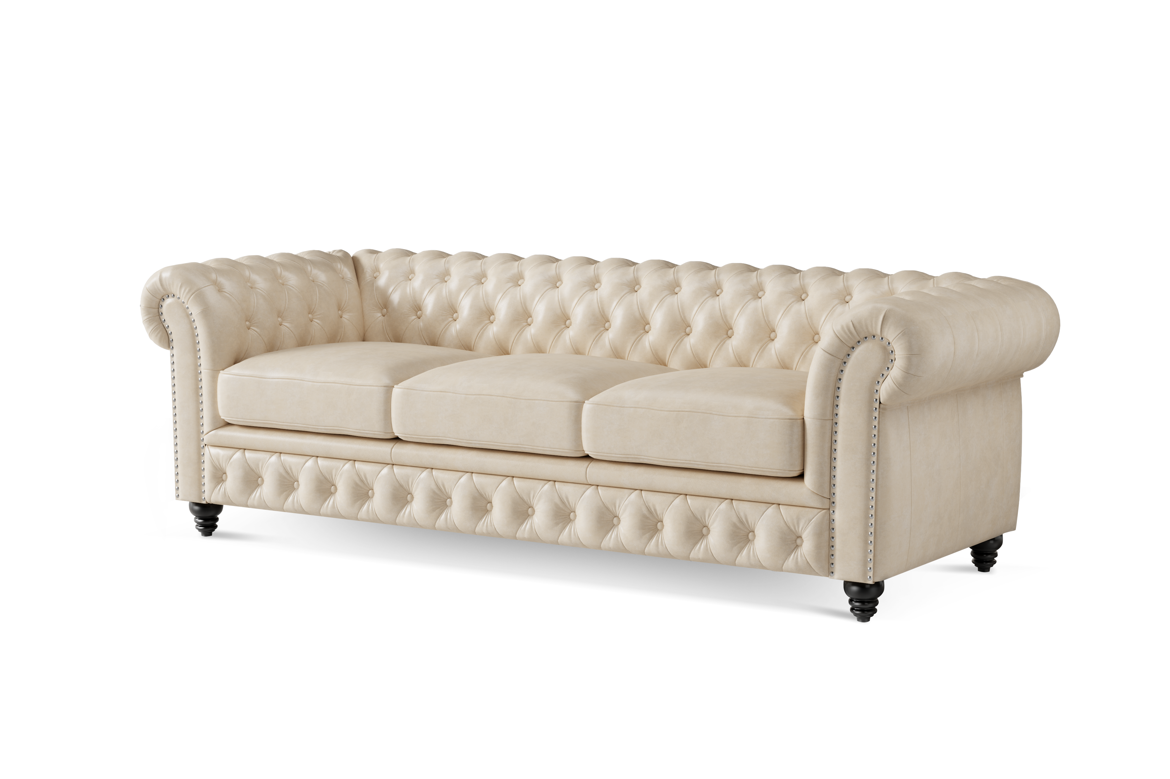 Valencia Parma 92" Full Aniline Leather Chesterfield Three Seats Sofa, Antique White