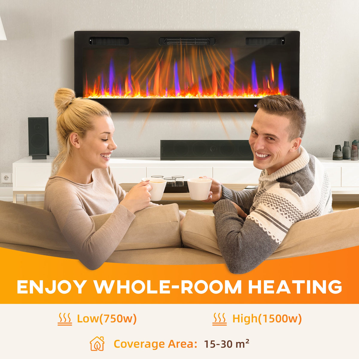Marley 50" Thin Freestanding/Wall Mounted Electric Fireplace Heater with Eco Mode - Black