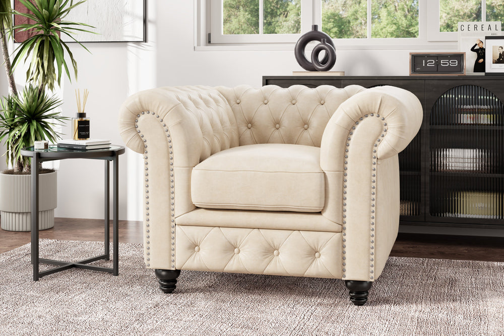 Valencia Parma Full Aniline Leather Chesterfield Single Sofa Accent Chair, Antique White Color