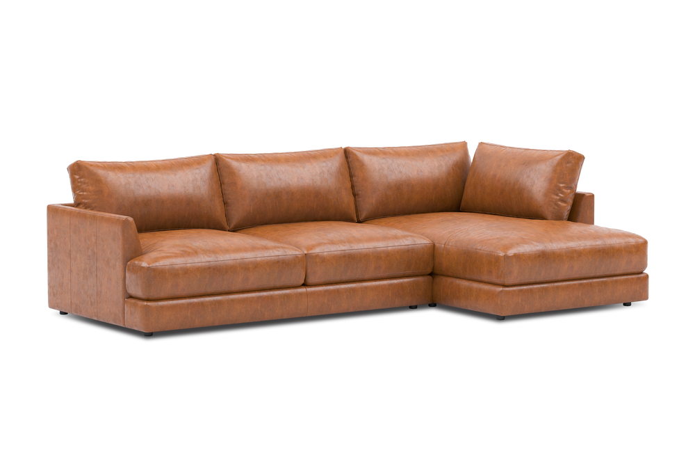 Valencia Serena Leather Three Seats with Right Chaise Sectional Sofa, Cognac