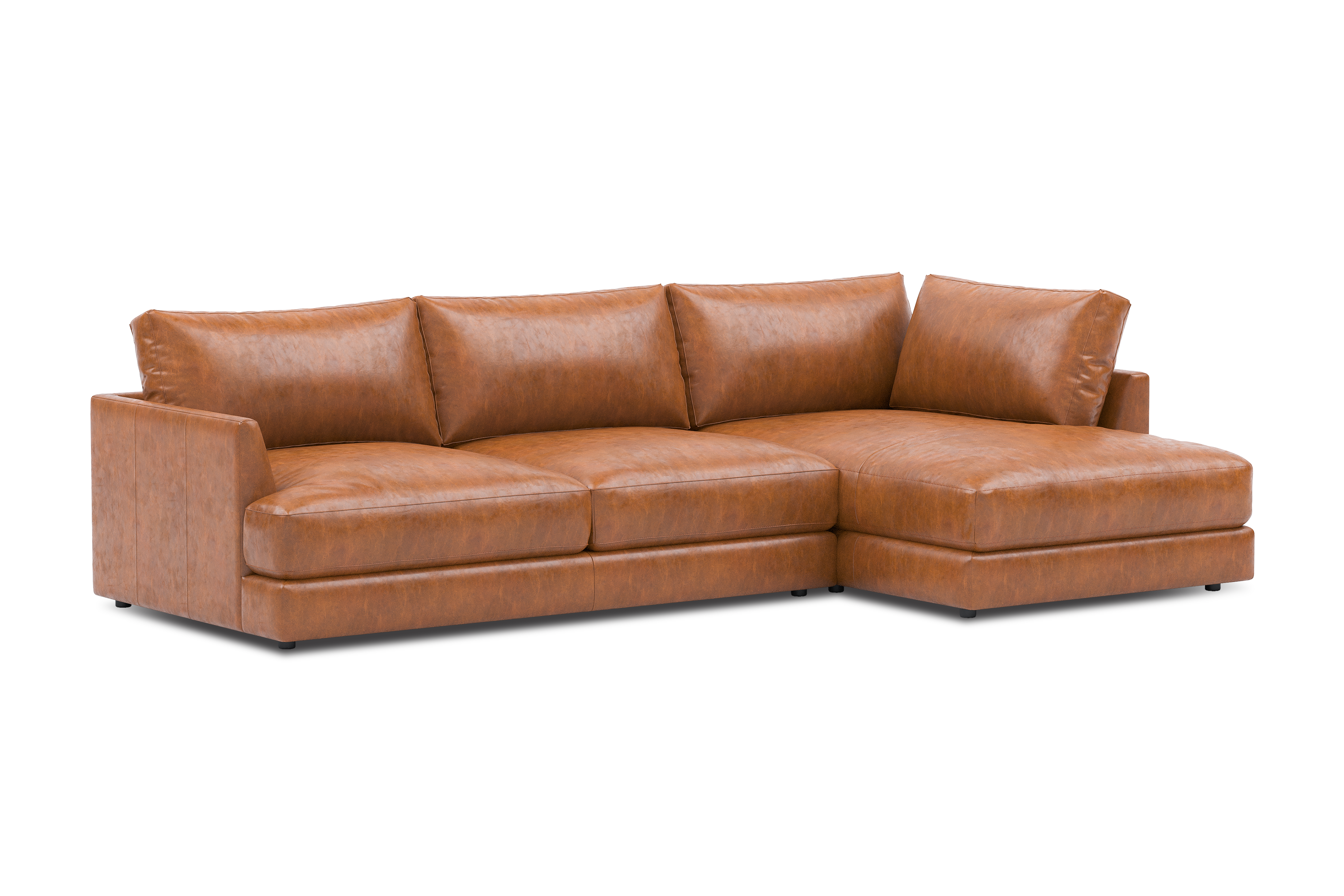 Valencia Serena Leather Three Seats with Right Chaise Sectional Sofa, Cognac