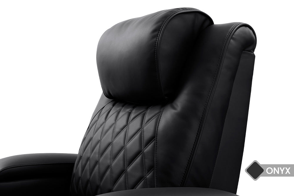 Power Headrest Close-Up View of A Luxurious, Onyx, Wood and Steel Frame, Semi-Aniline Italian Nappa Leather Oslo Luxury Edition Home Theater Seating.