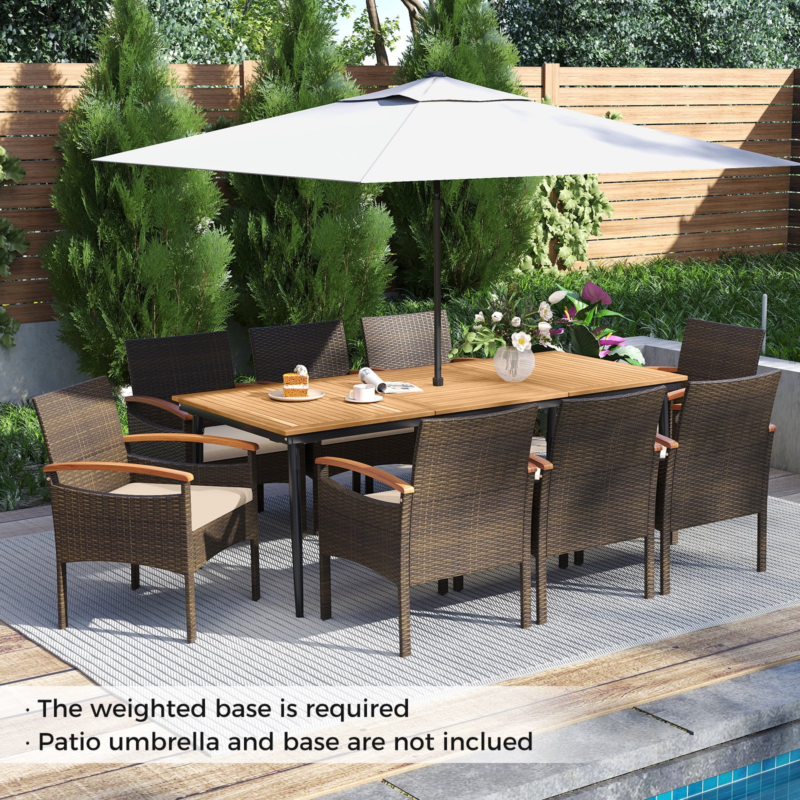 9 Pieces Patio PE Wicker Dining Set with Cushions and Umbrella Hole