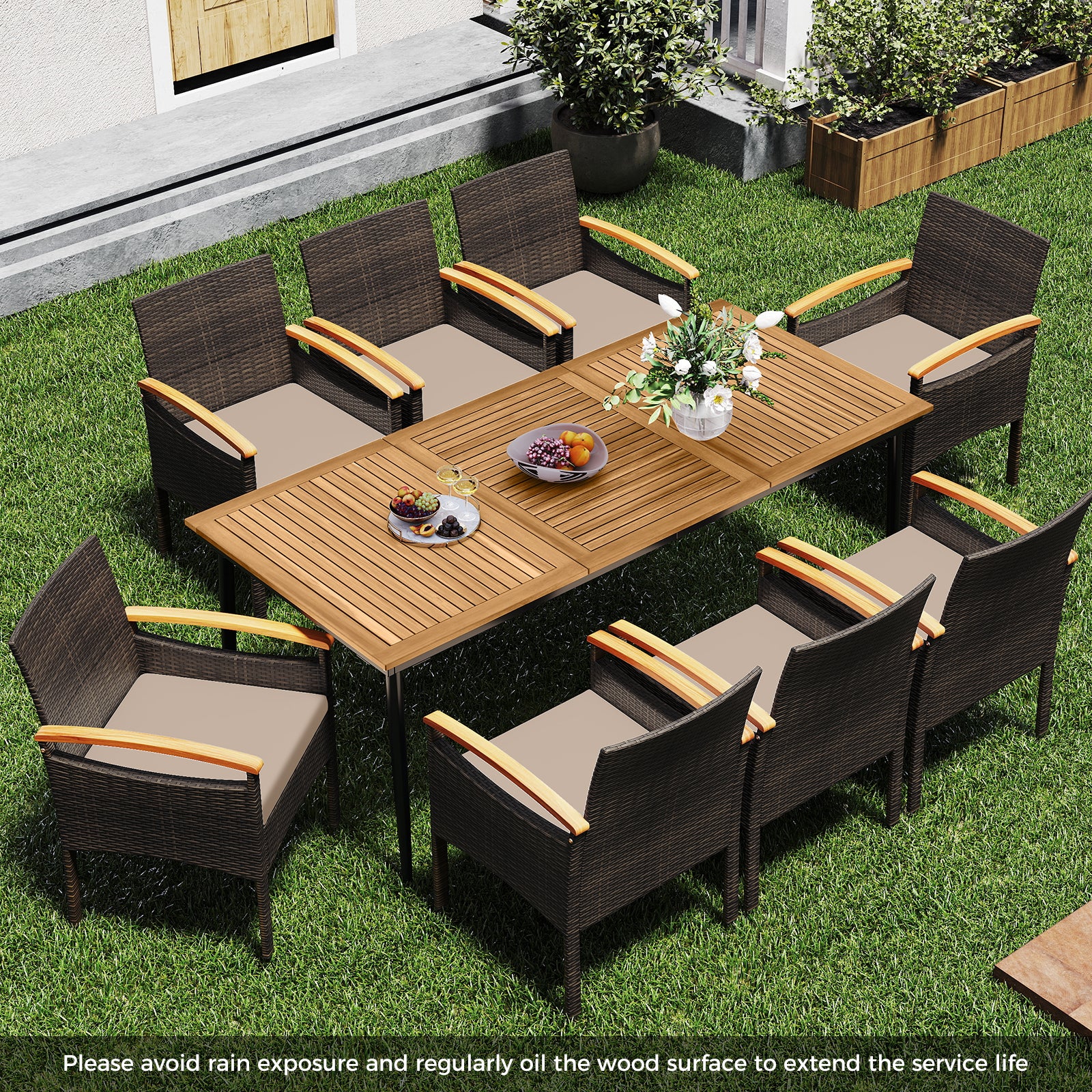 9 Pieces Patio PE Wicker Dining Set with Cushions and Umbrella Hole