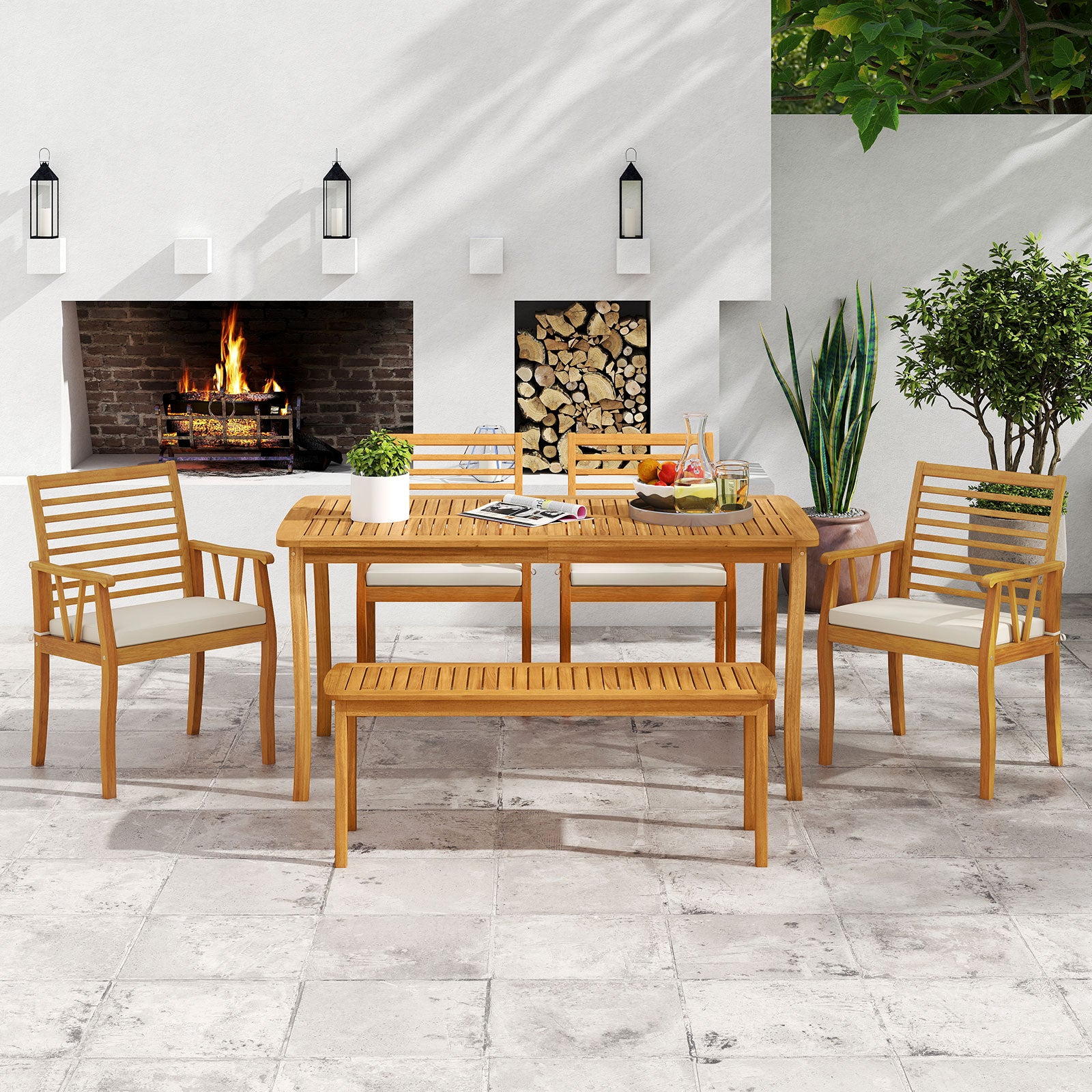 Acacia Wood Outdoor Table and Bench Chairs Set with 1.97 Inch Umbrella Hole