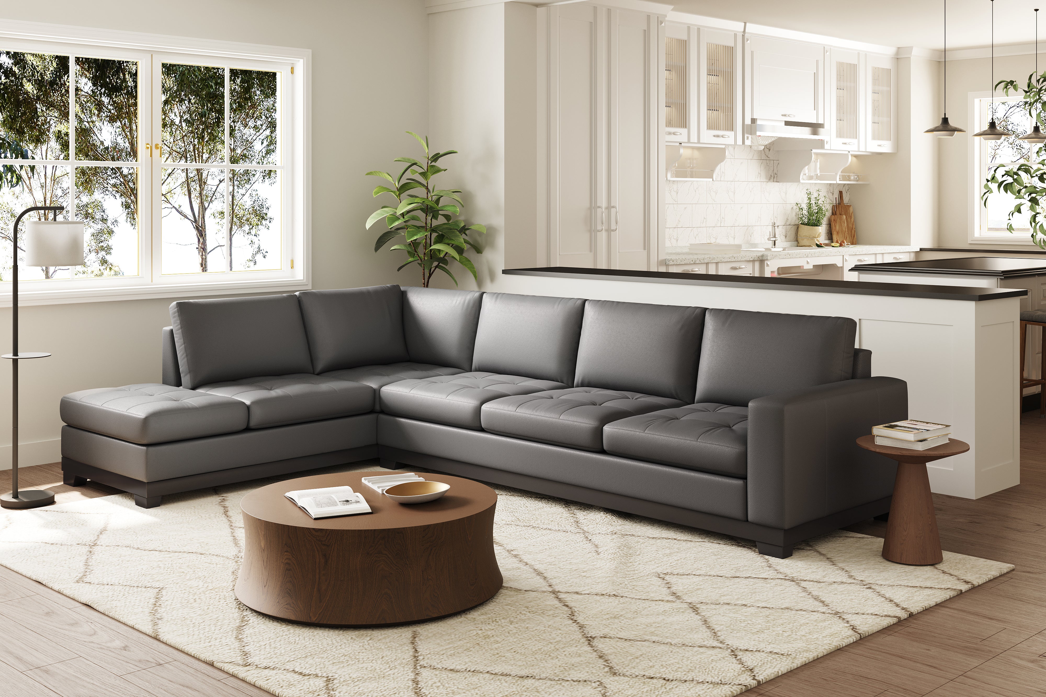 Valencia Aine Top Grain Leather Four Seats with Left Chaise Sofa, Charcoal Grey