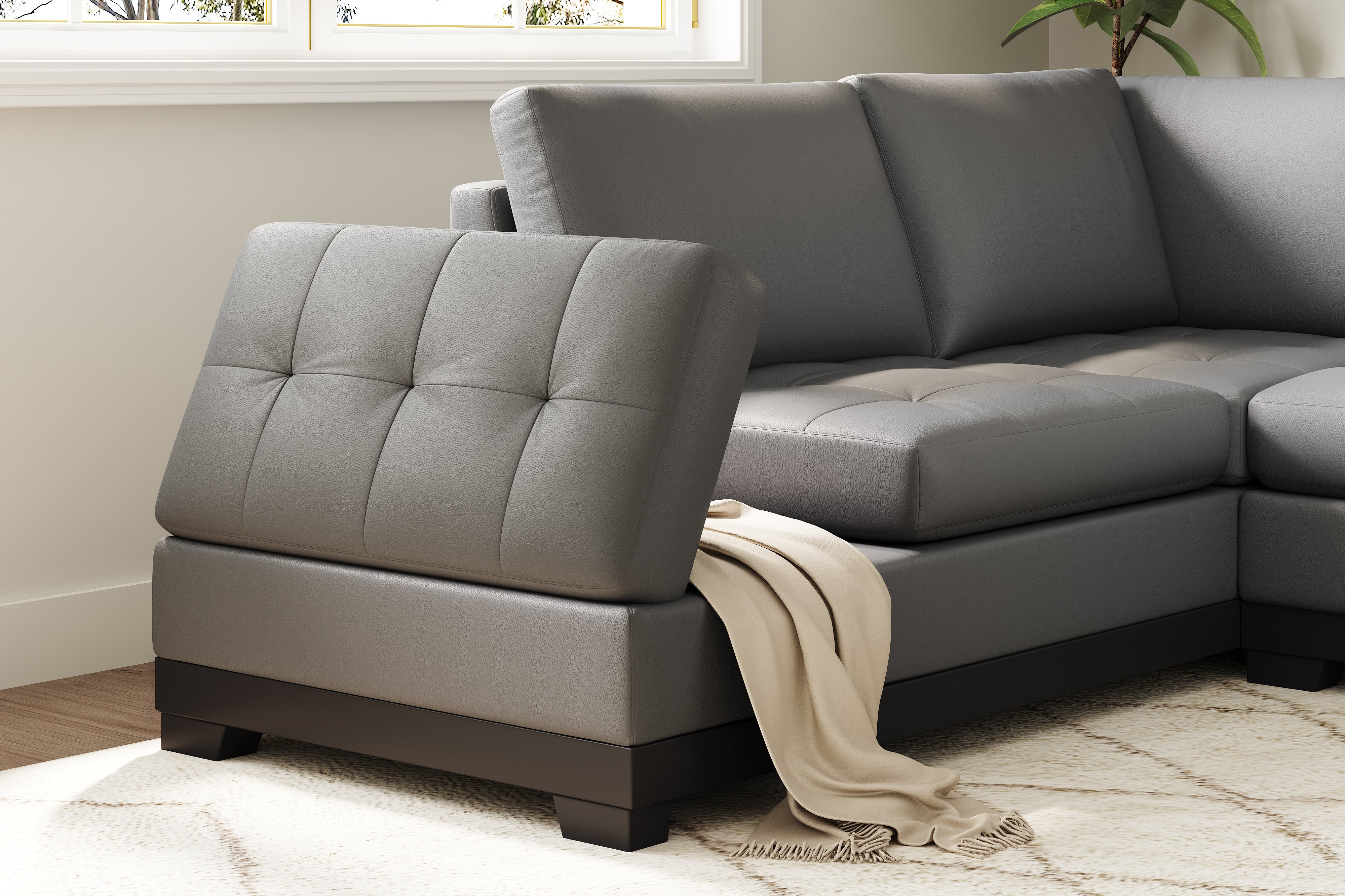 Valencia Aine Top Grain Leather Four Seats with Left Chaise Sofa, Charcoal Grey