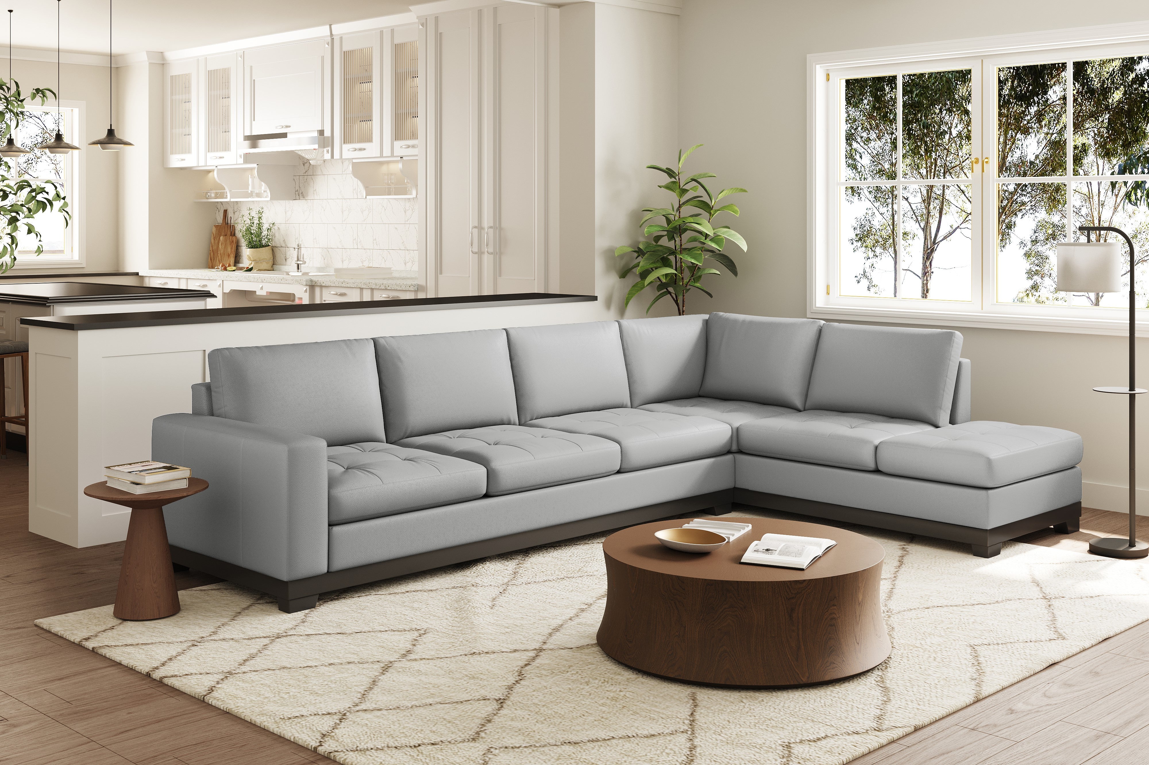 Valencia Aine Top Grain Leather Four Seats with Right Chaise Sofa, Light Grey