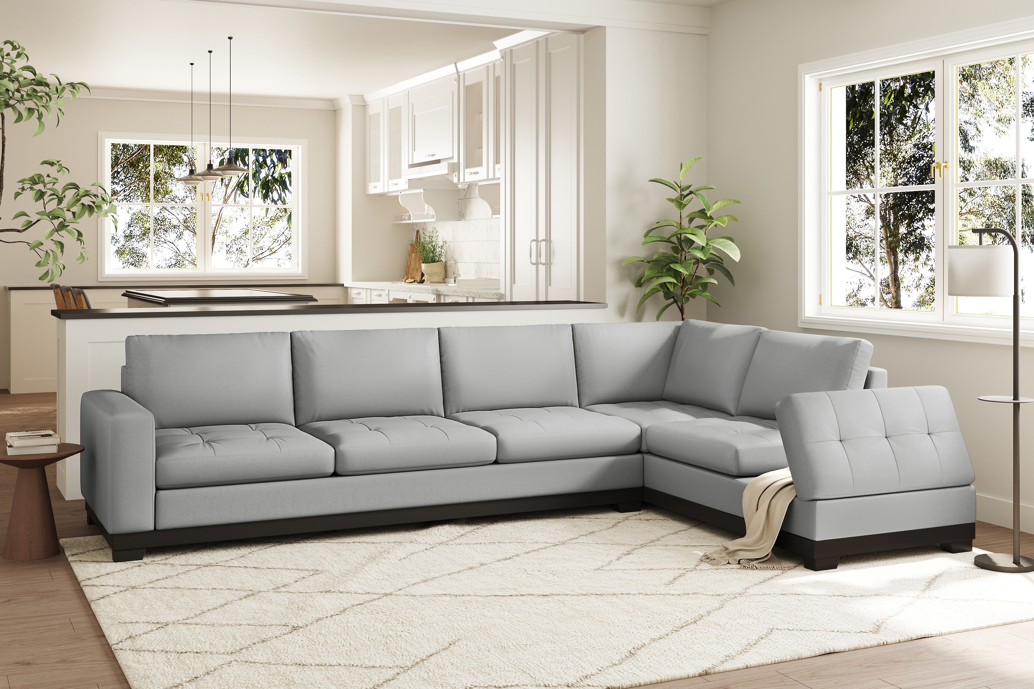 Valencia Aine Top Grain Leather Four Seats with Right Chaise Sofa, Light Grey