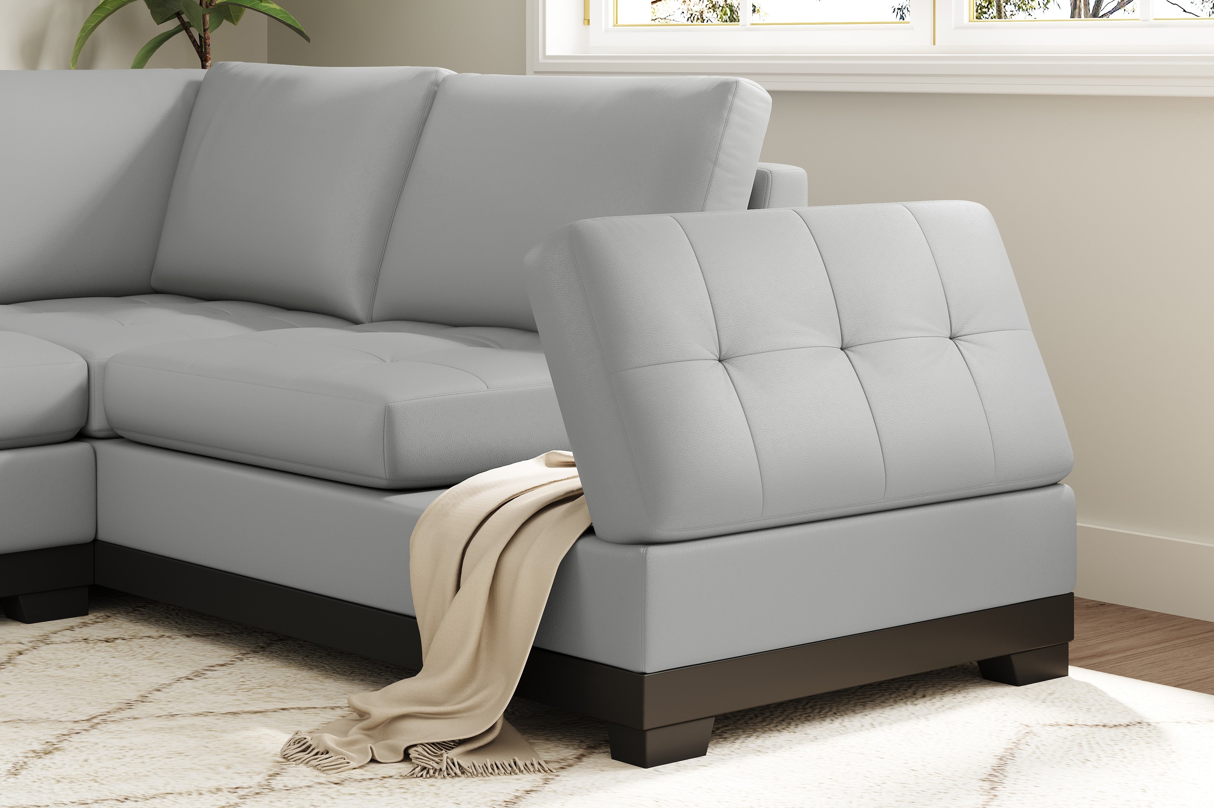 Valencia Aine Top Grain Leather Four Seats with Right Chaise Sofa, Light Grey