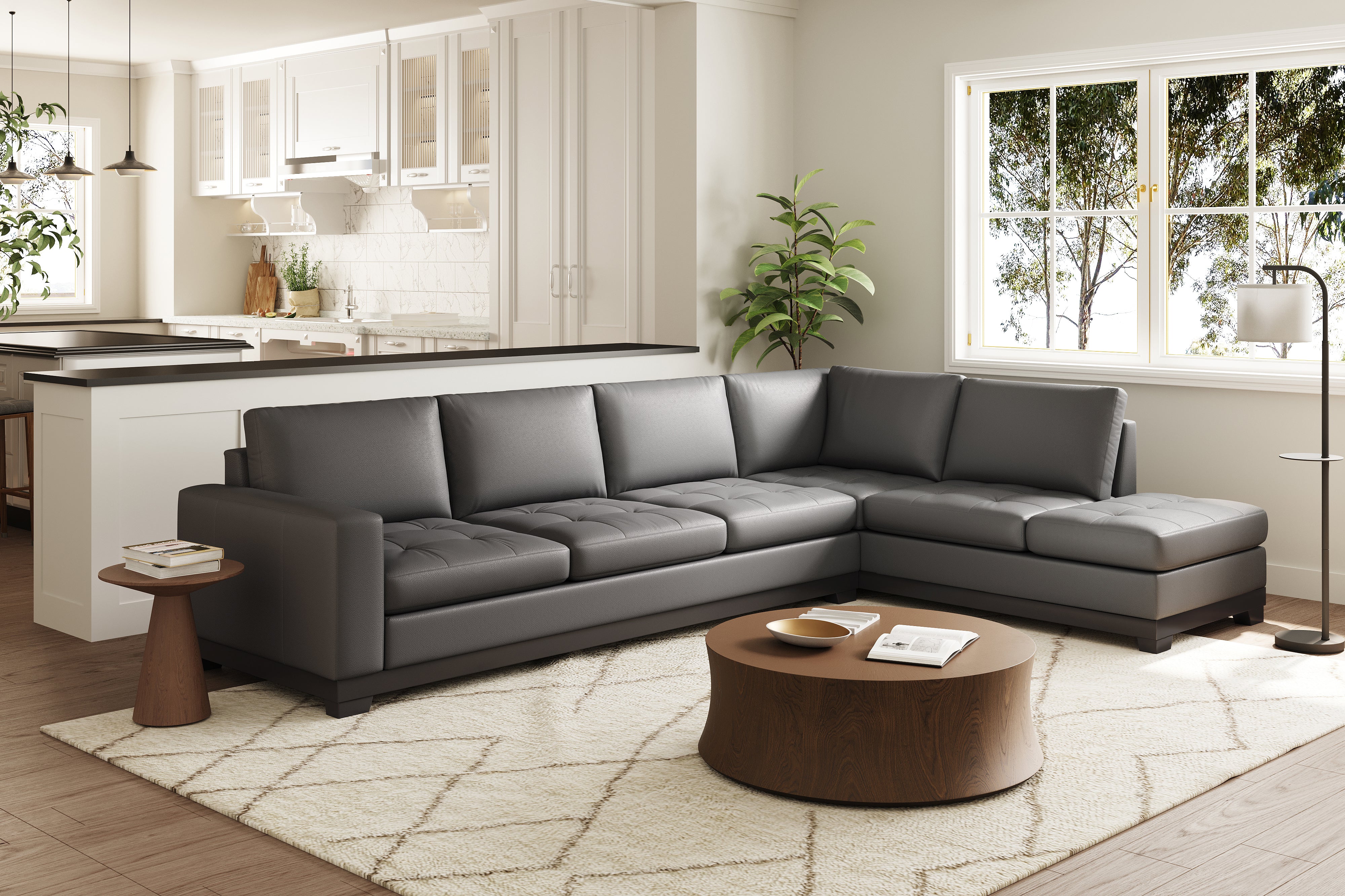 Valencia Aine Top Grain Leather Four Seats with Right Chaise Sofa, Charcoal Grey