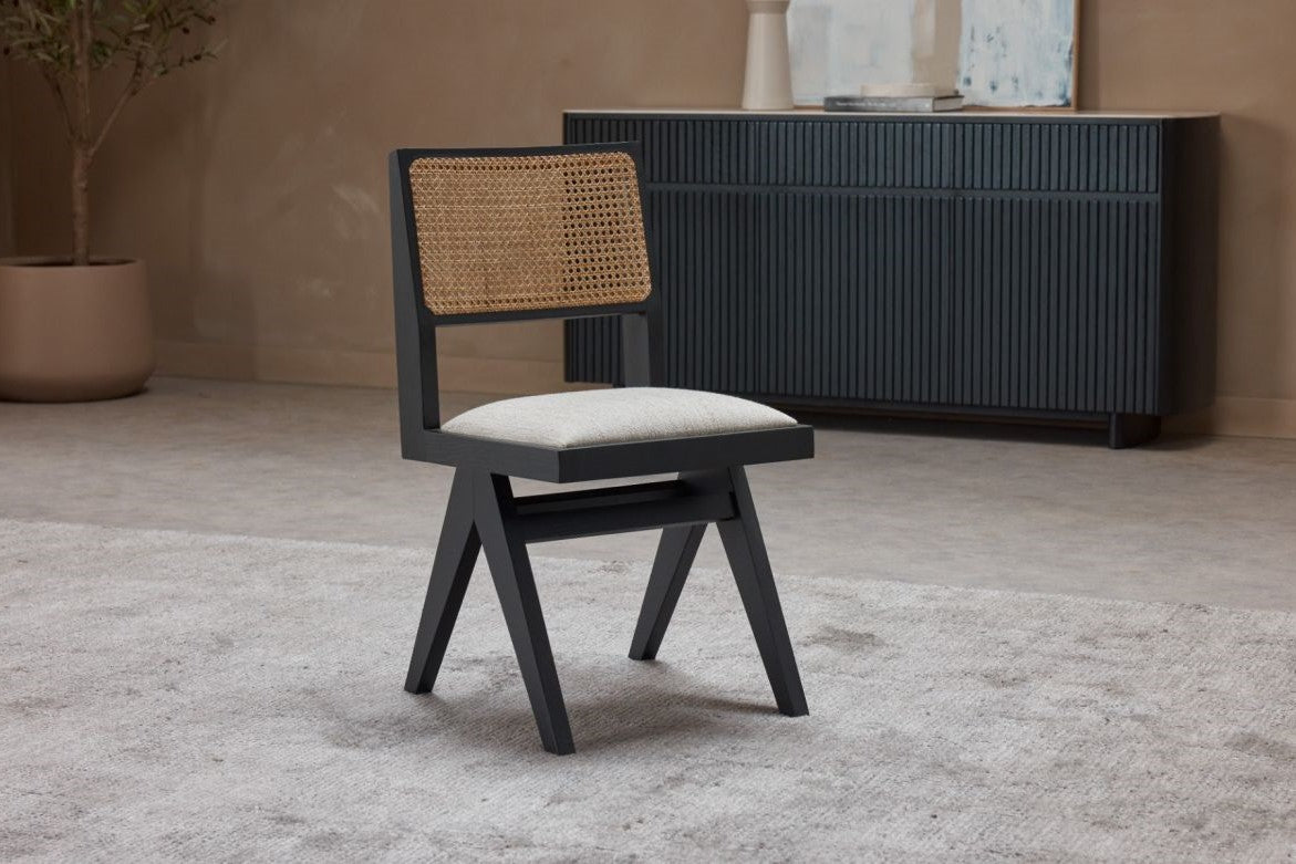 Valencia Alaya Oak Wood Natural Cane Dining Chair, Black (Set of 2)
