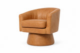 Alden tan leather swivel accent chair, three-quarter view on white
