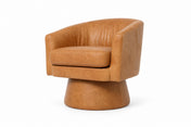 Alden tan leather swivel accent chair, three-quarter view on white