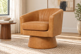 Alden brown leather swivel accent chair in a neutral modern living room