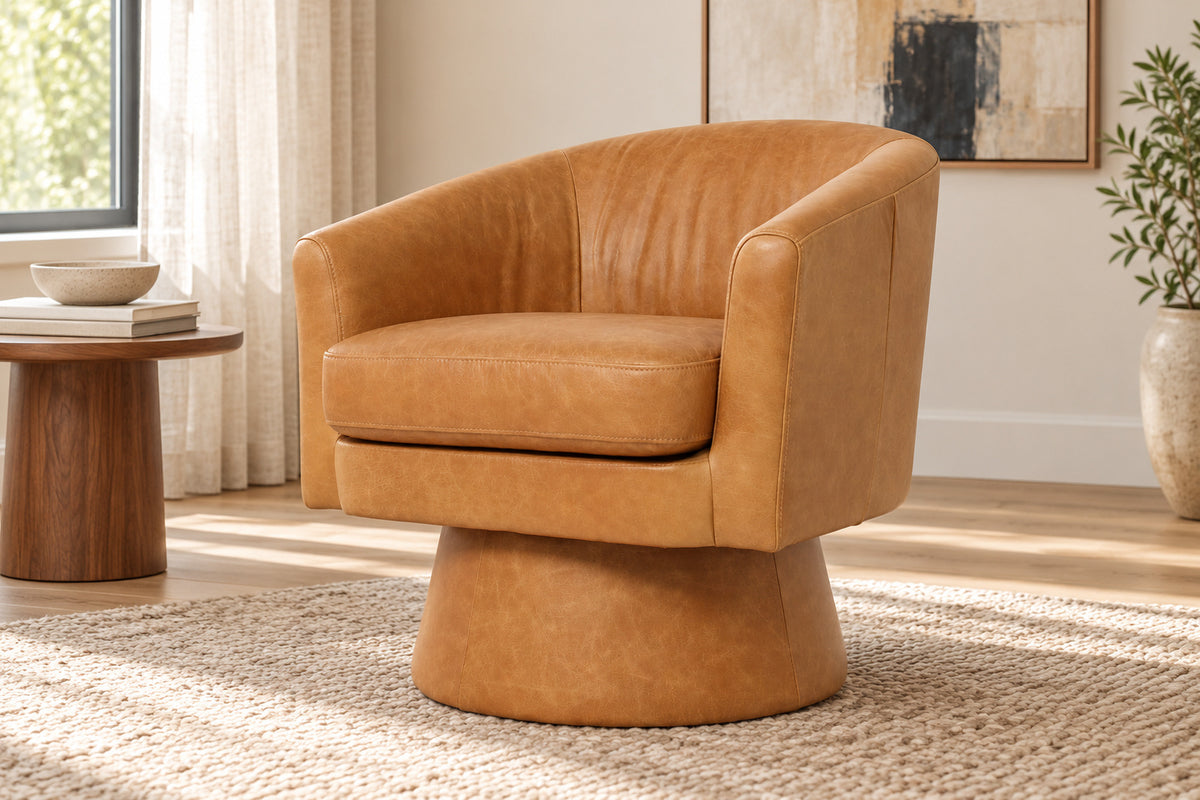 Alden brown leather swivel accent chair in a neutral modern living room