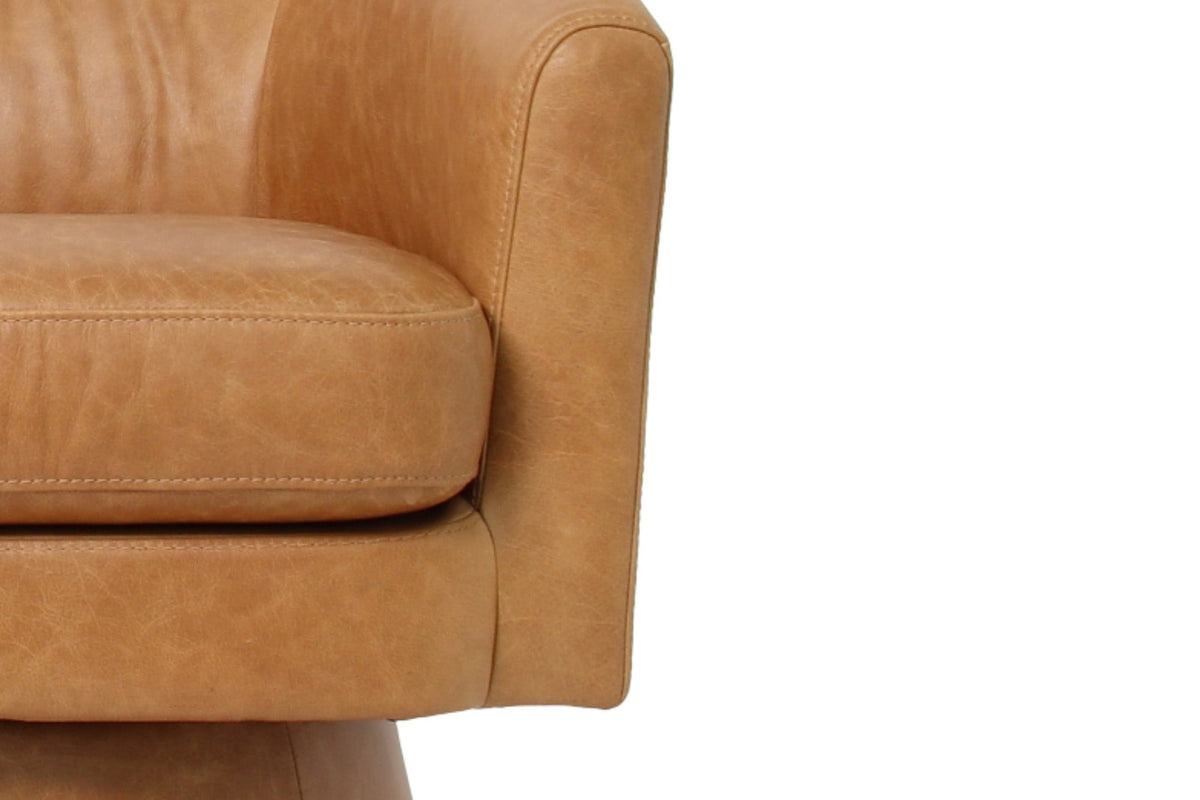 Alden leather swivel accent chair back and seat detail