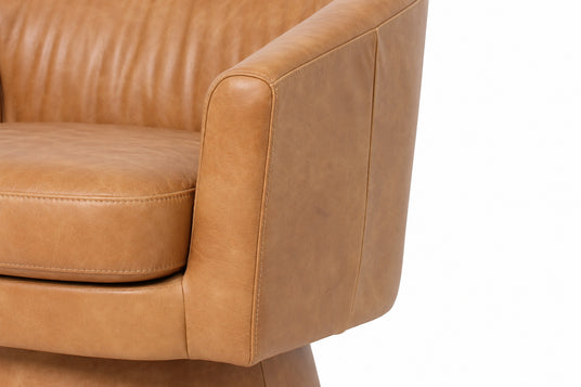 Alden tan leather arm panel and stitched seam detail