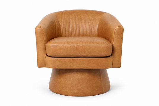 Alden chair, straight front view with curved back and round base
