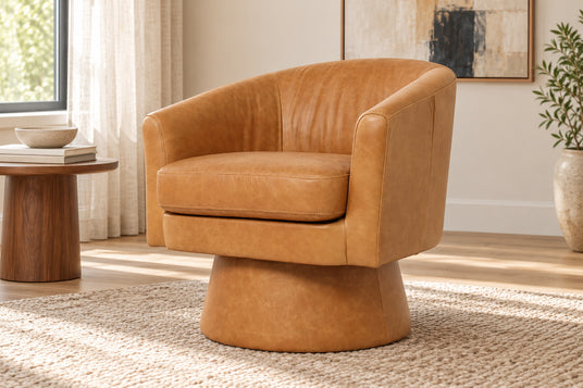 Alden leather swivel accent chair in a neutral modern living room