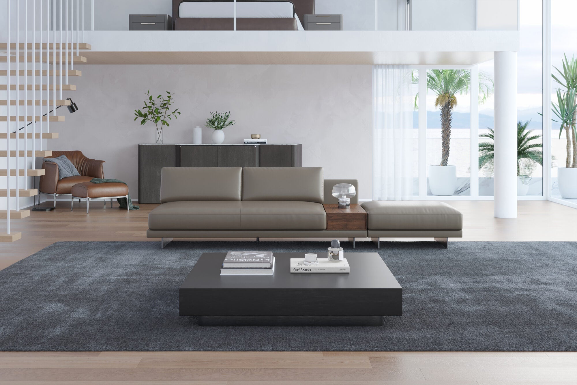 Alessandro Leather Armless Loveseat & Ottoman