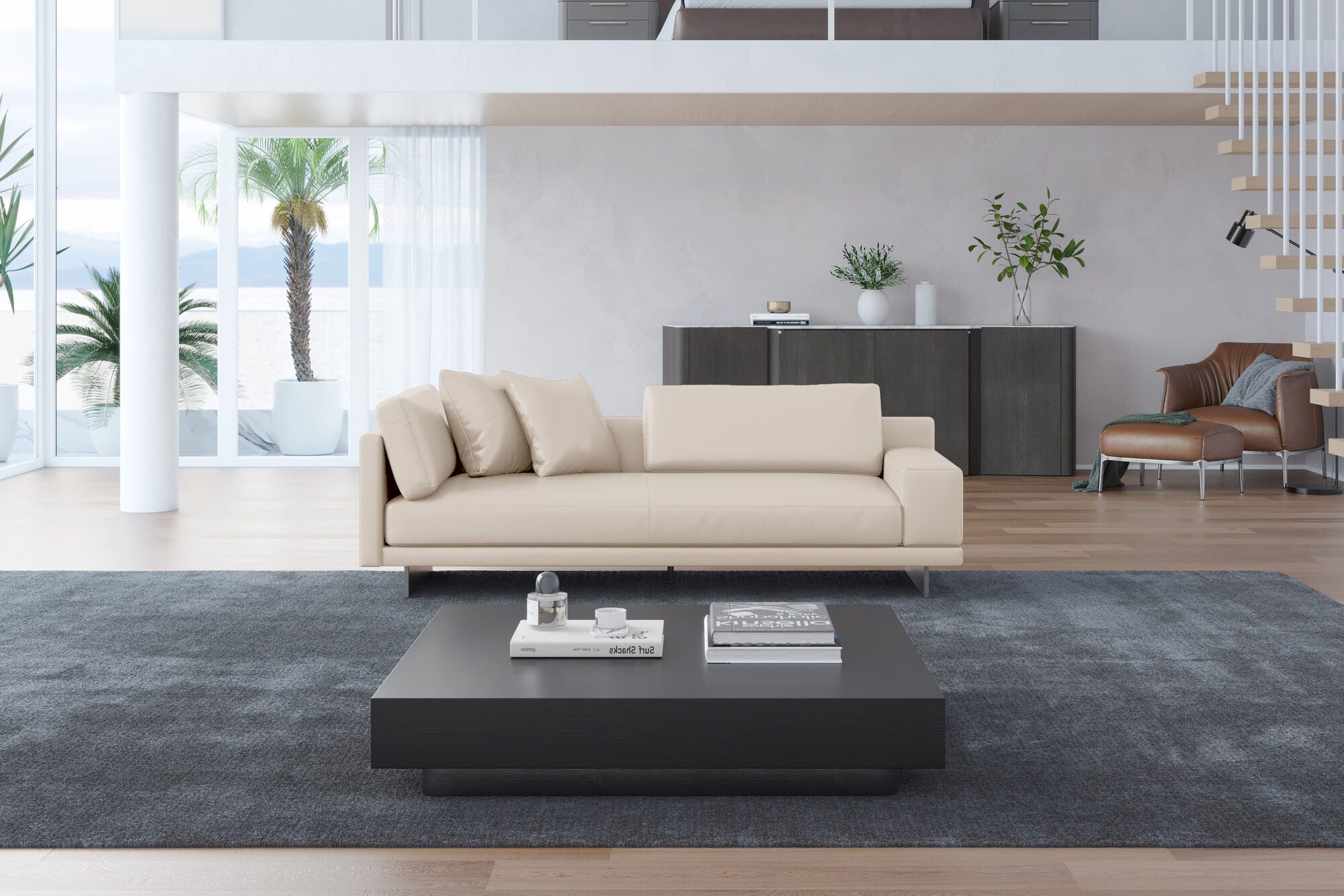 Valencia Alessandro Top Grain Leather Modular Sectional Loveseat Right Arm Sofa, Beige