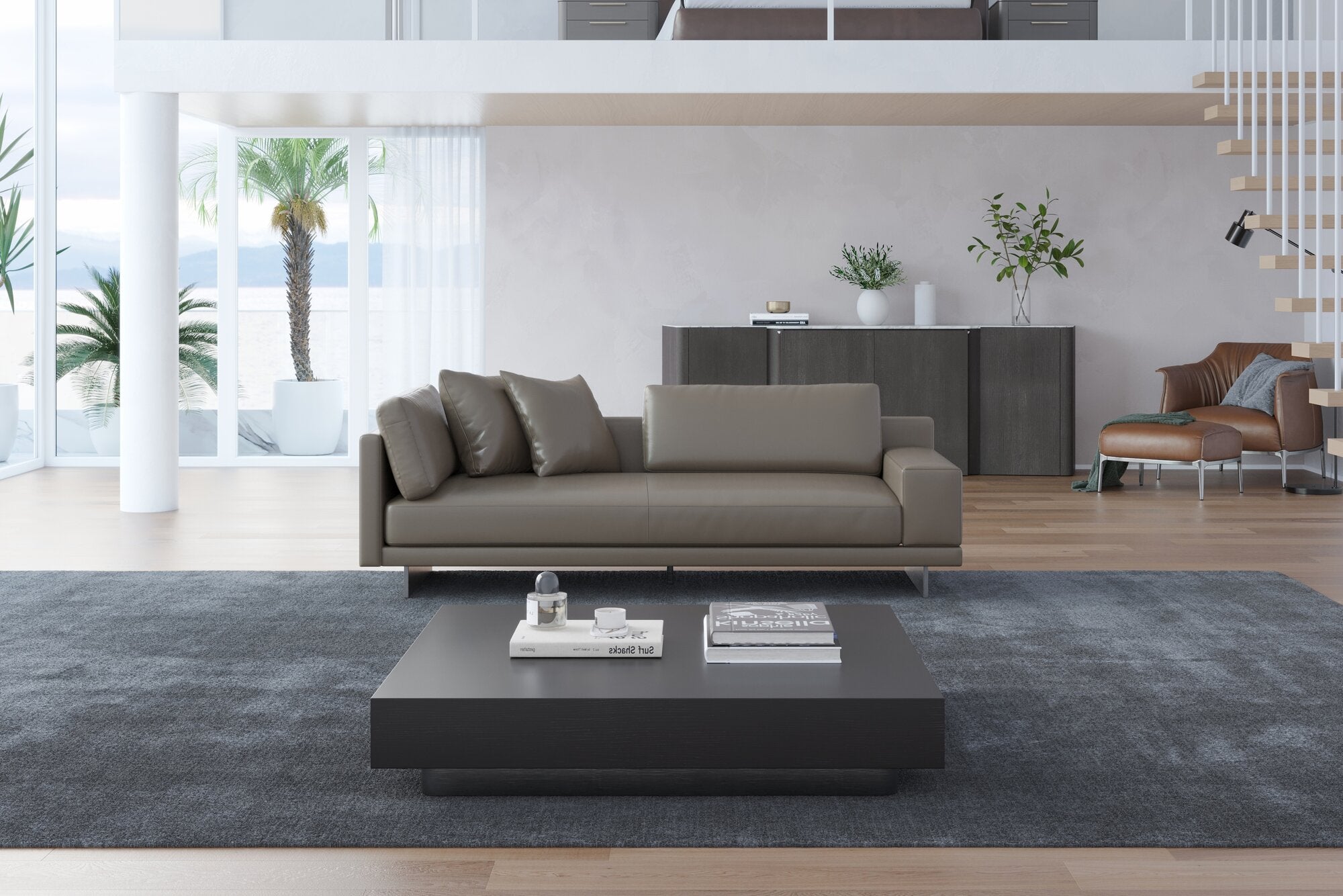 Valencia Alessandro Top Grain Leather Modular Sectional Loveseat Right Arm Sofa, Modern Grey