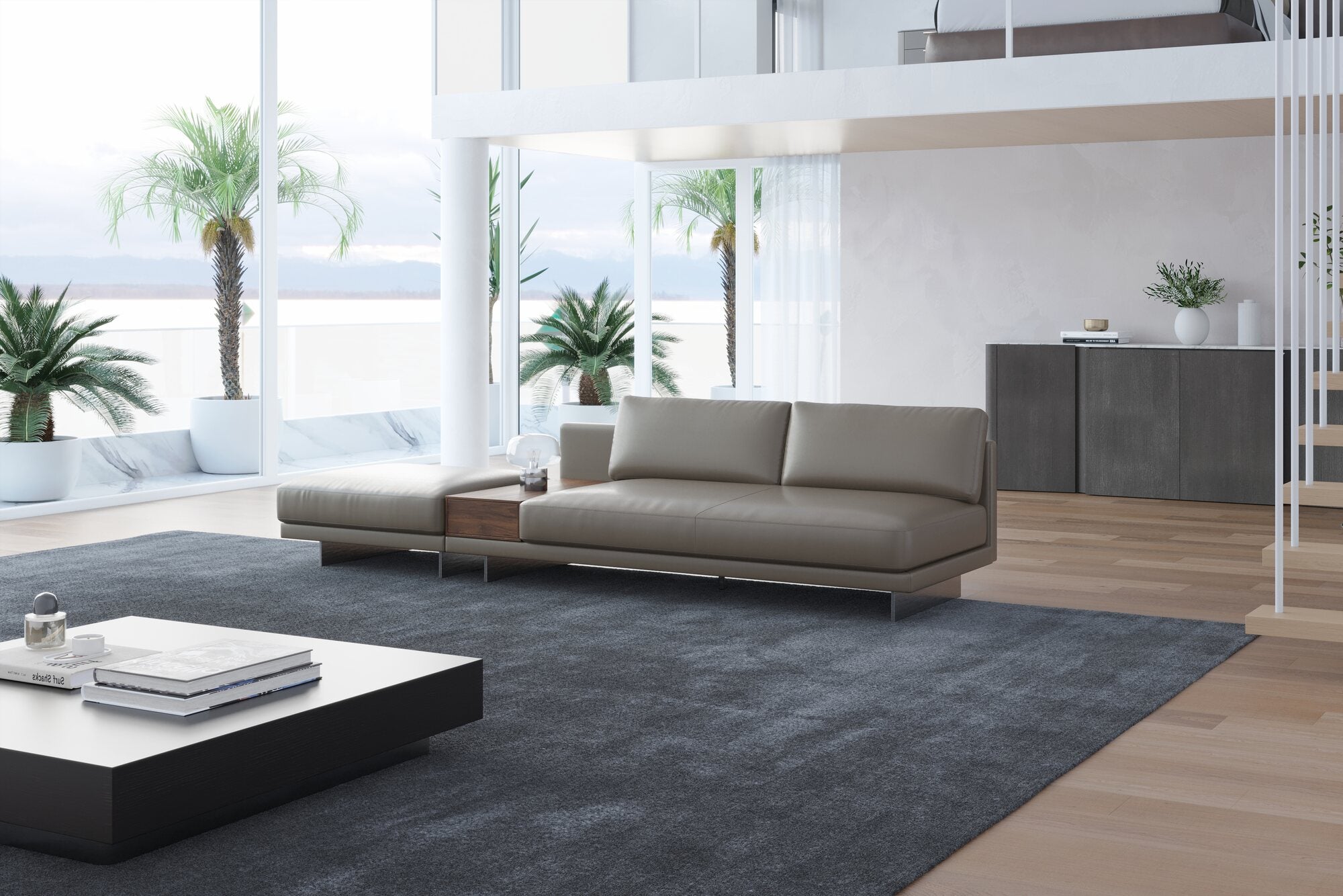 Valencia Alessandro Top Grain Leather Modular Sectional Loveseat Left Ottoman Sofa, Modern Grey
