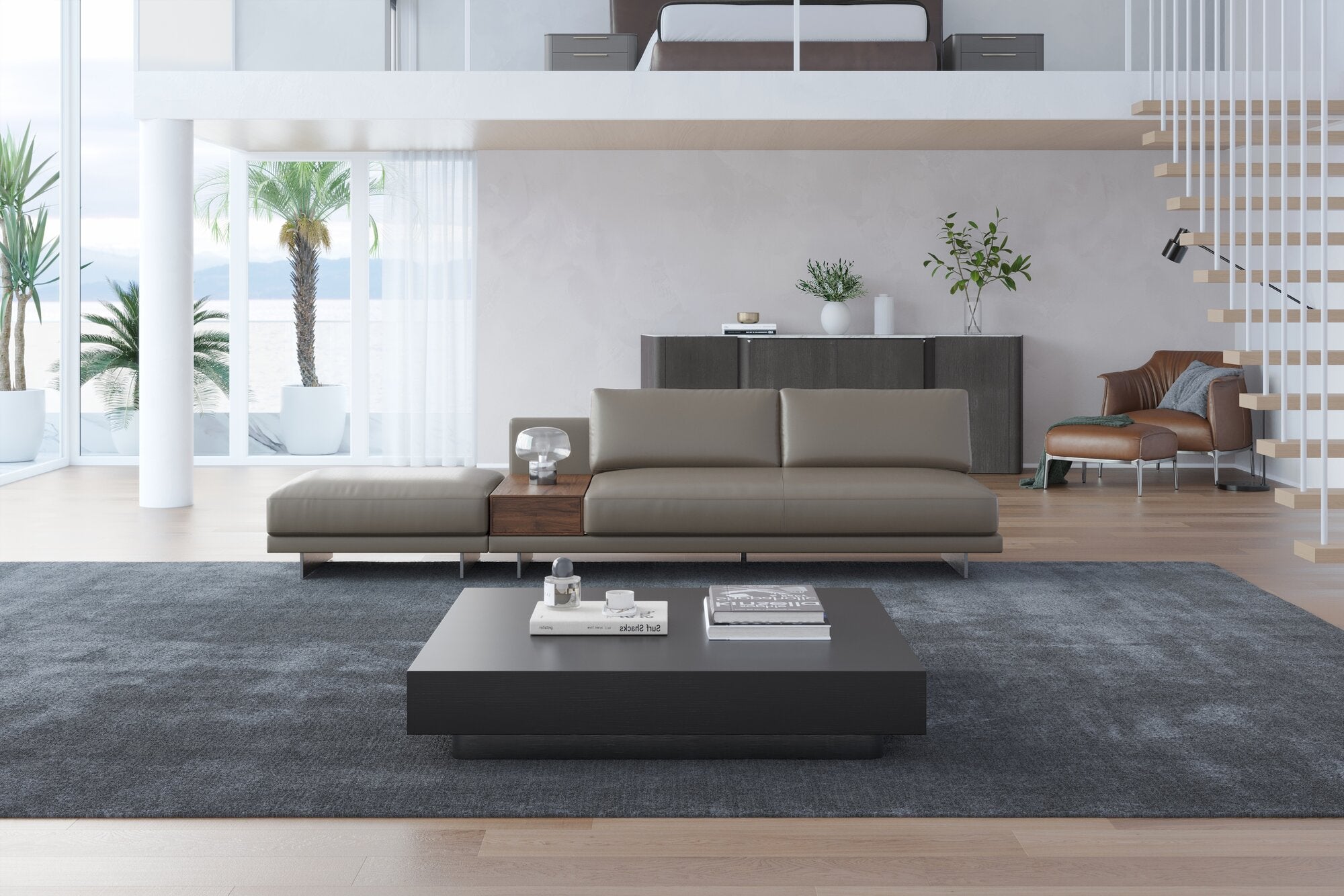 Valencia Alessandro Top Grain Leather Modular Sectional Loveseat Left Ottoman Sofa, Modern Grey