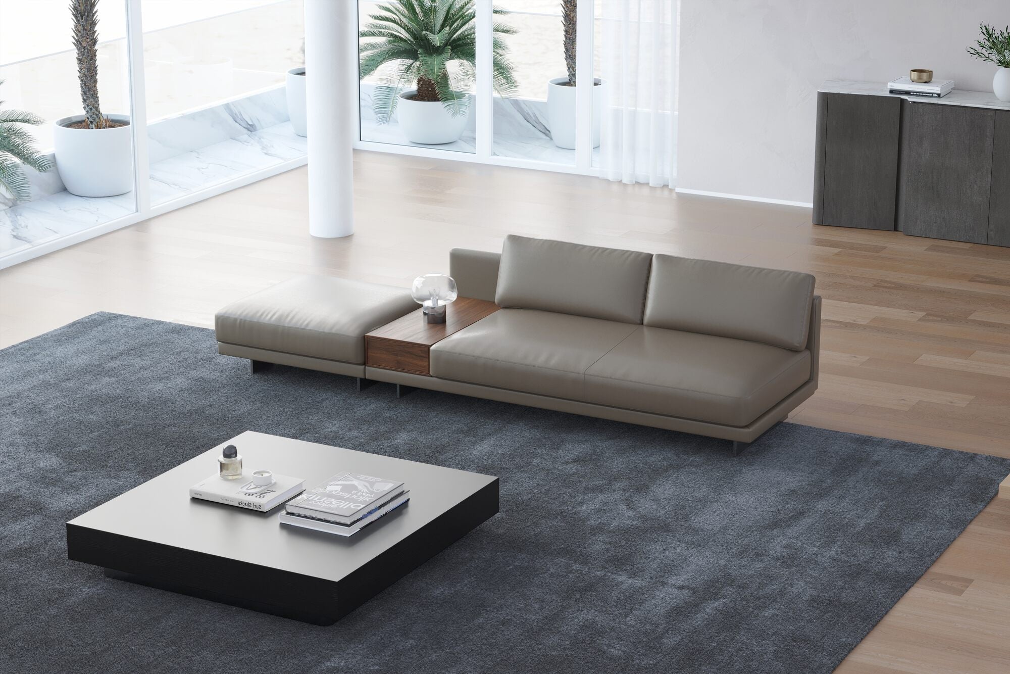 Valencia Alessandro Top Grain Leather Modular Sectional Loveseat Left Ottoman Sofa, Modern Grey