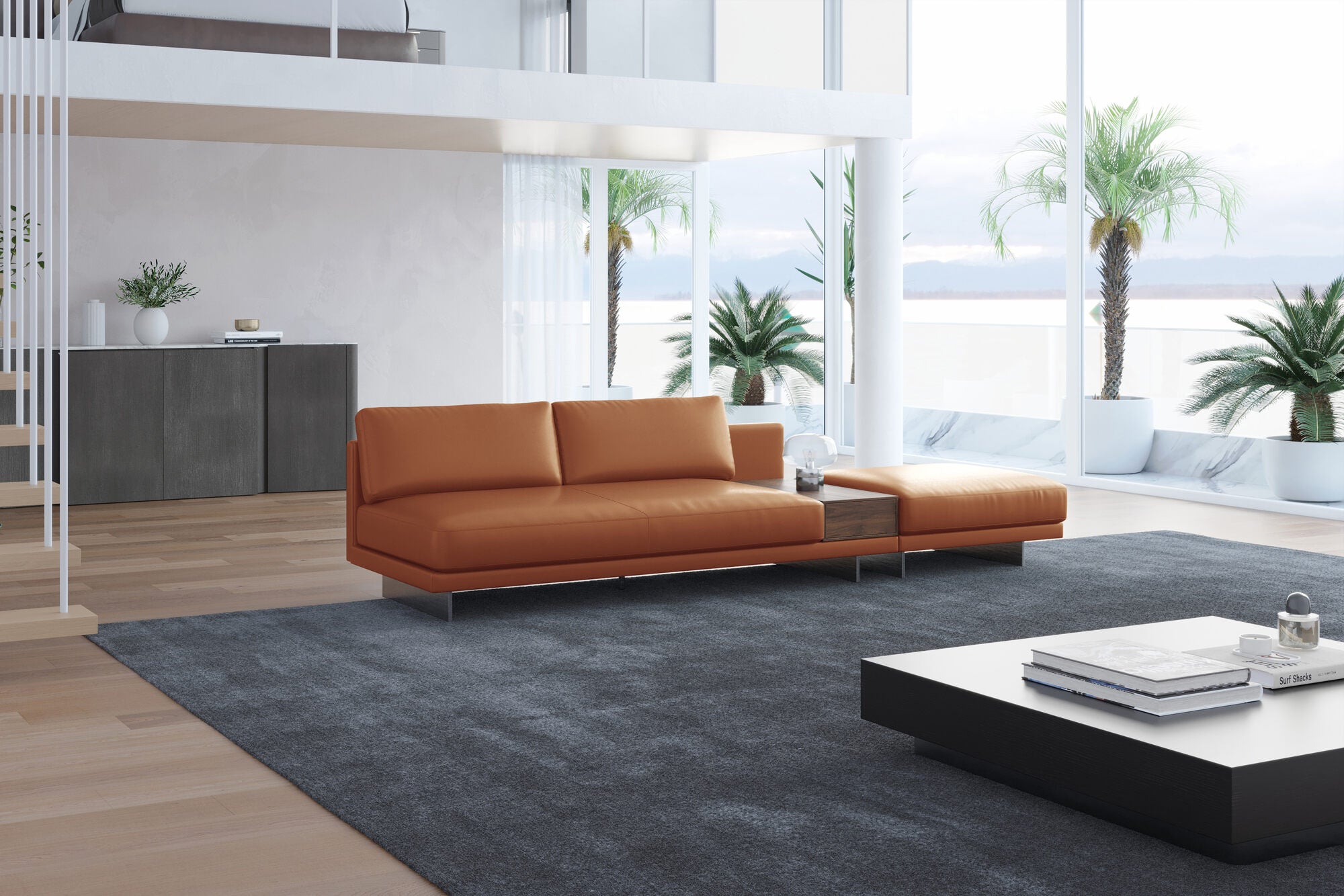 Valencia Alessandro Top Grain Leather Modular Sectional Loveseat Right Ottoman Sofa, Cognac