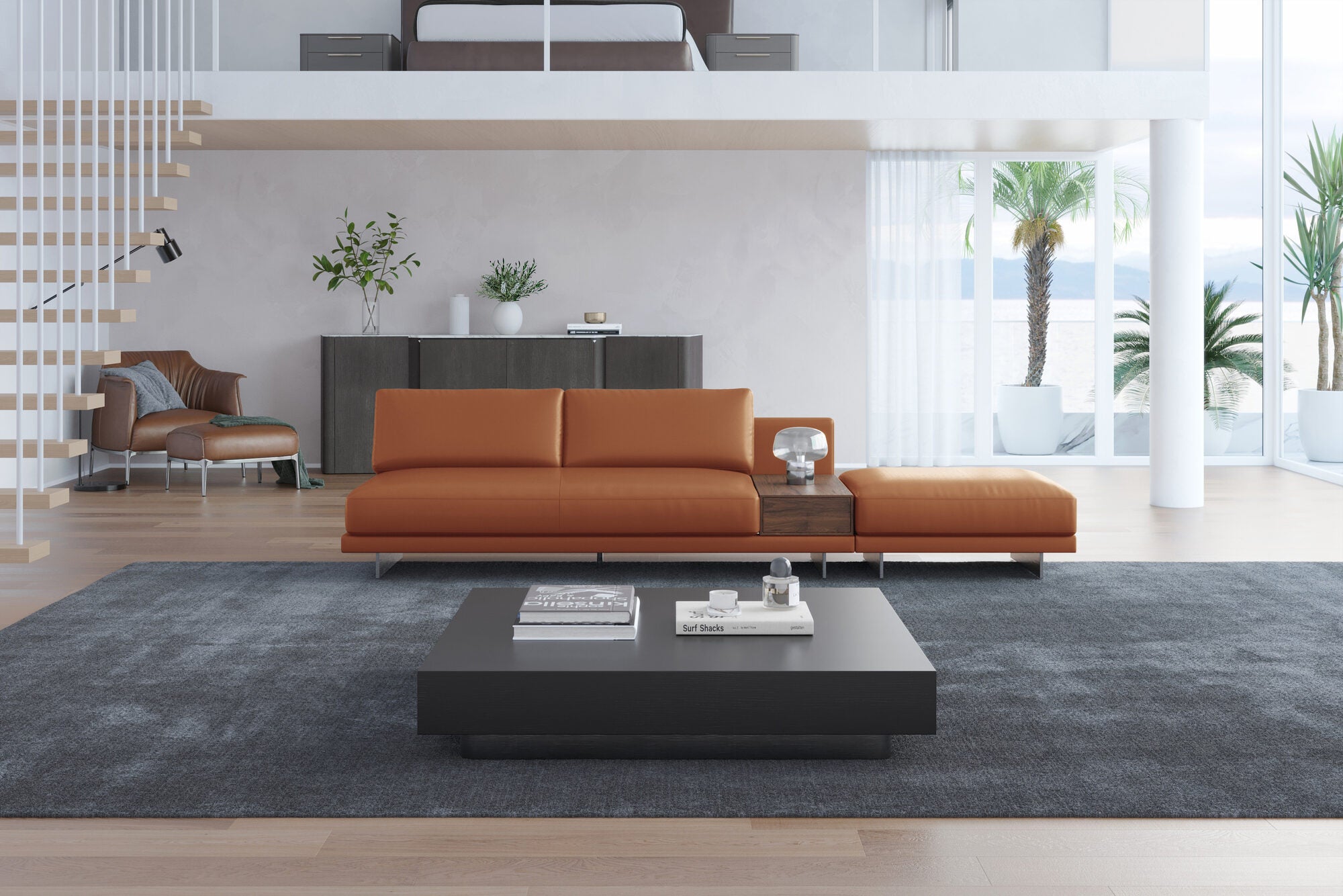 Valencia Alessandro Top Grain Leather Modular Sectional Loveseat Right Ottoman Sofa, Cognac
