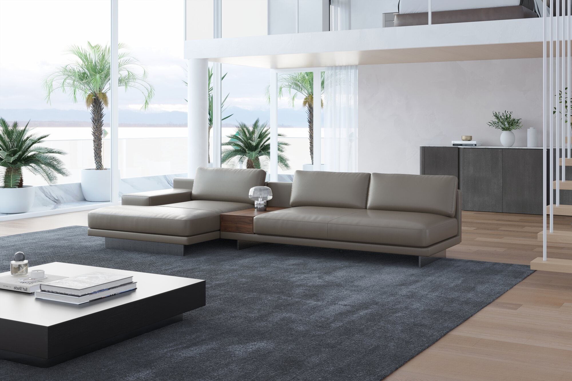 Valencia Alessandro Top Grain Leather Modular Sectional 3 Seats & Left Chaise Sofa, Modern Grey