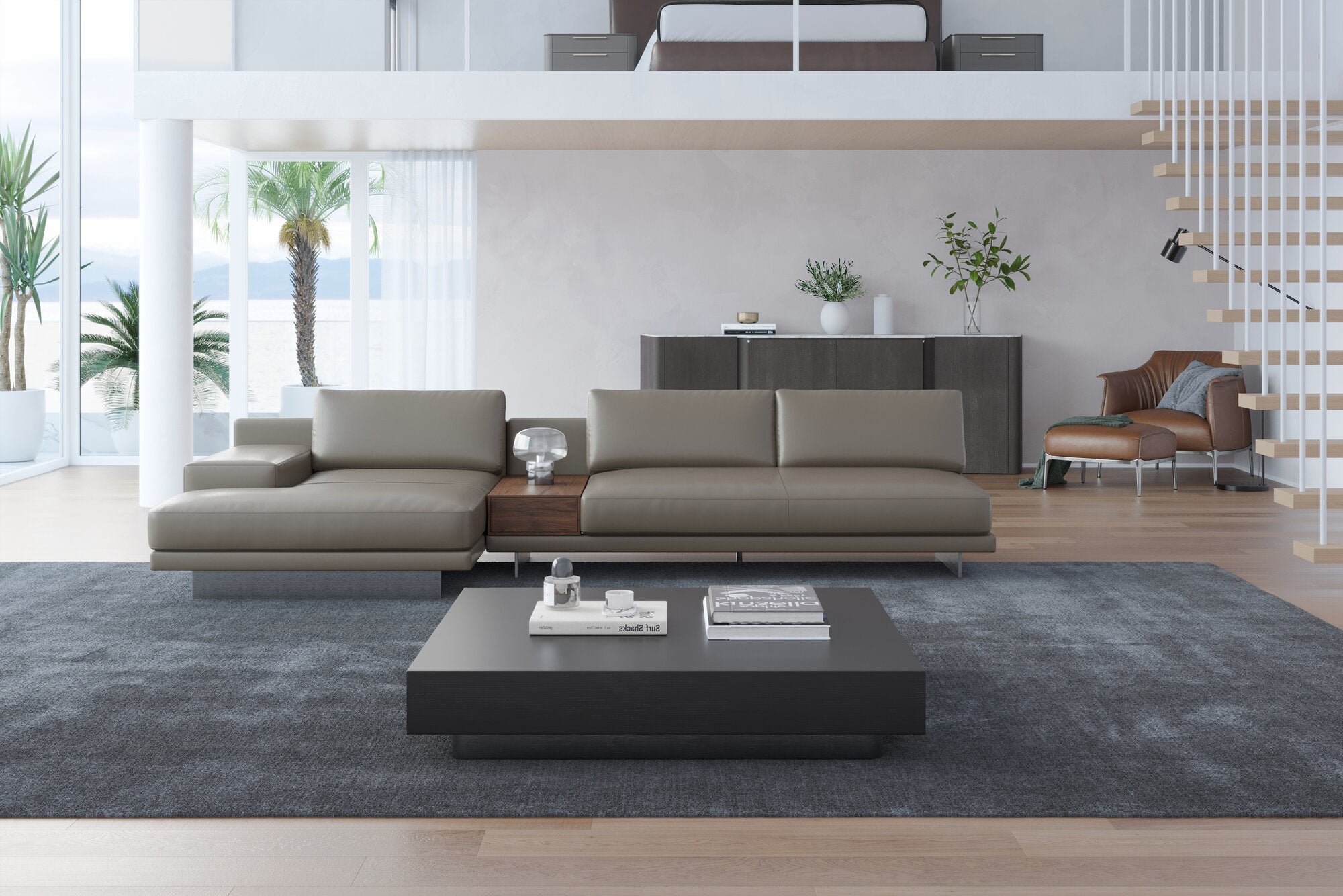 Valencia Alessandro Top Grain Leather Modular Sectional 3 Seats & Left Chaise Sofa, Modern Grey