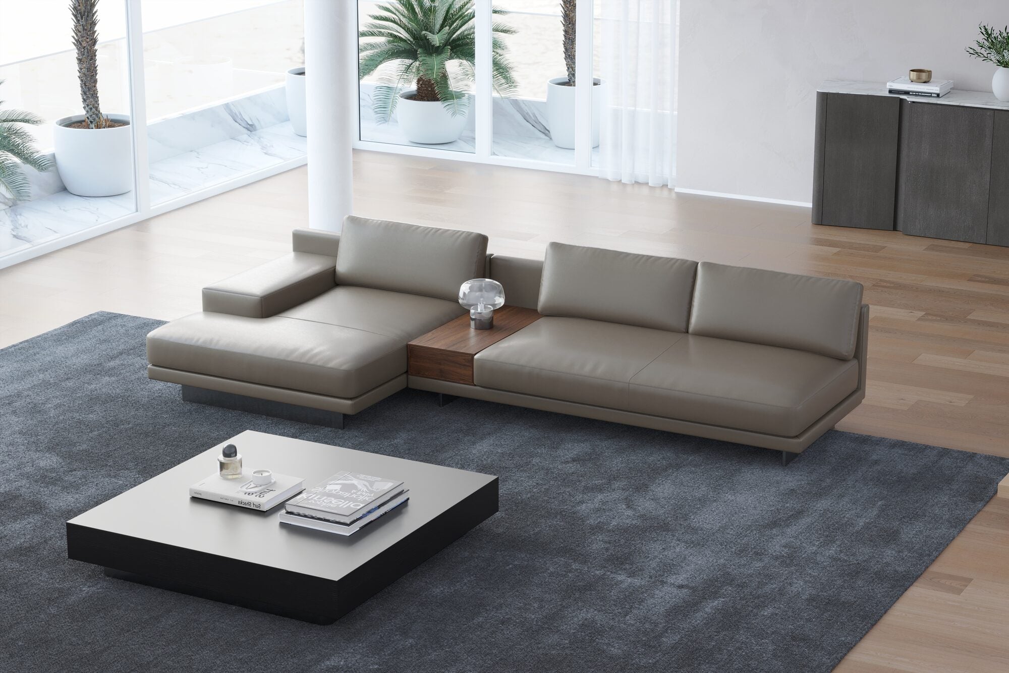 Valencia Alessandro Top Grain Leather Modular Sectional 3 Seats & Left Chaise Sofa, Modern Grey
