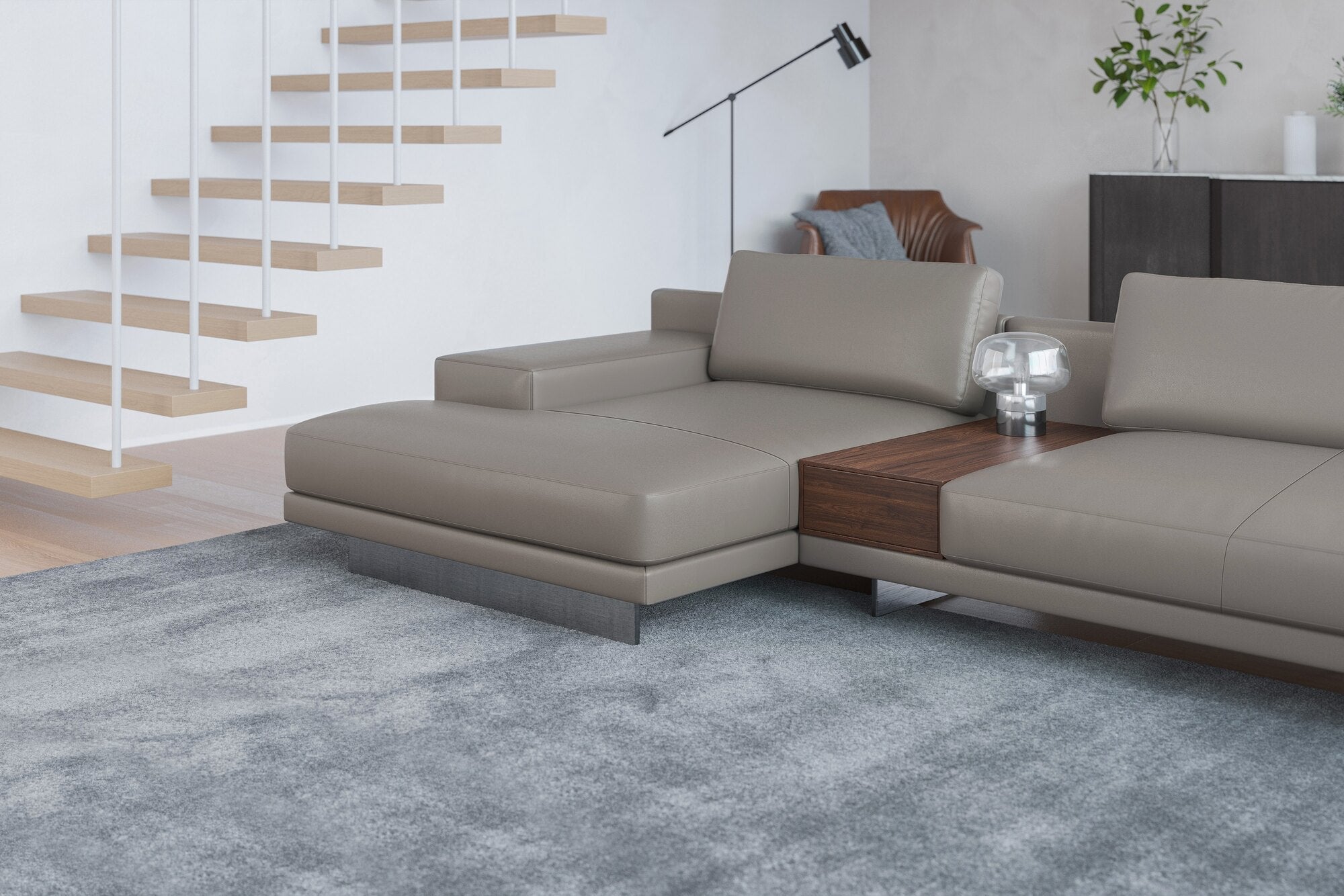 Valencia Alessandro Top Grain Leather Modular Sectional 3 Seats & Left Chaise Sofa, Modern Grey