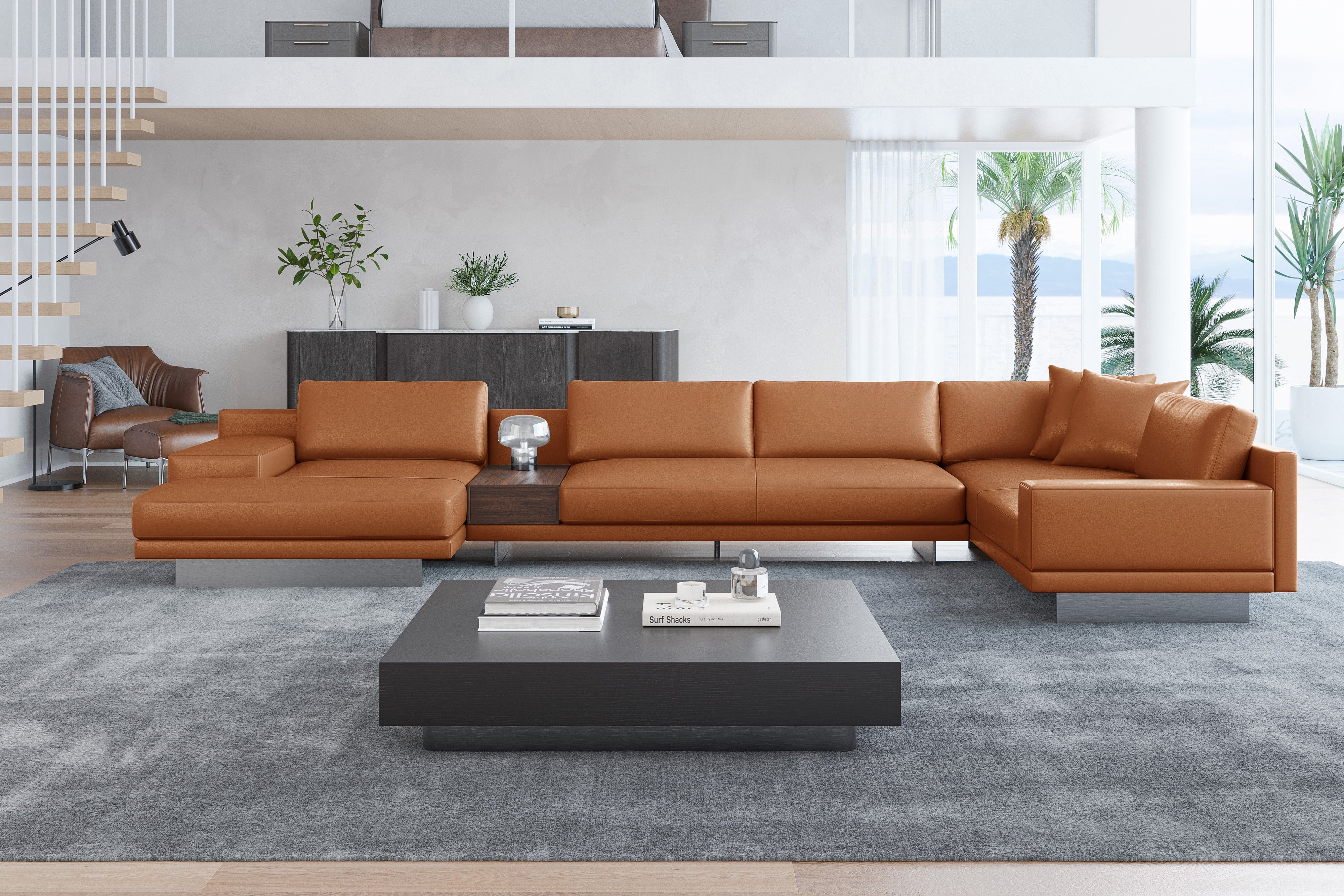 Valencia Alessandro Top Grain Leather Modular Sectional Left Chaise Sofa, Cognac