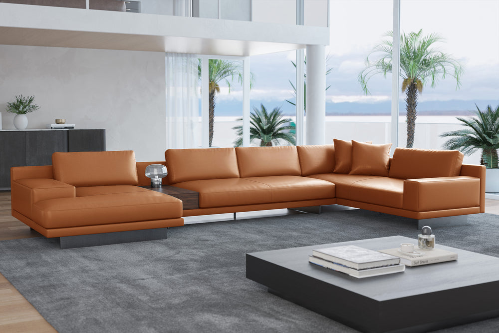 Valencia Alessandro Top Grain Leather Modular Sectional Left Chaise Sofa, Cognac