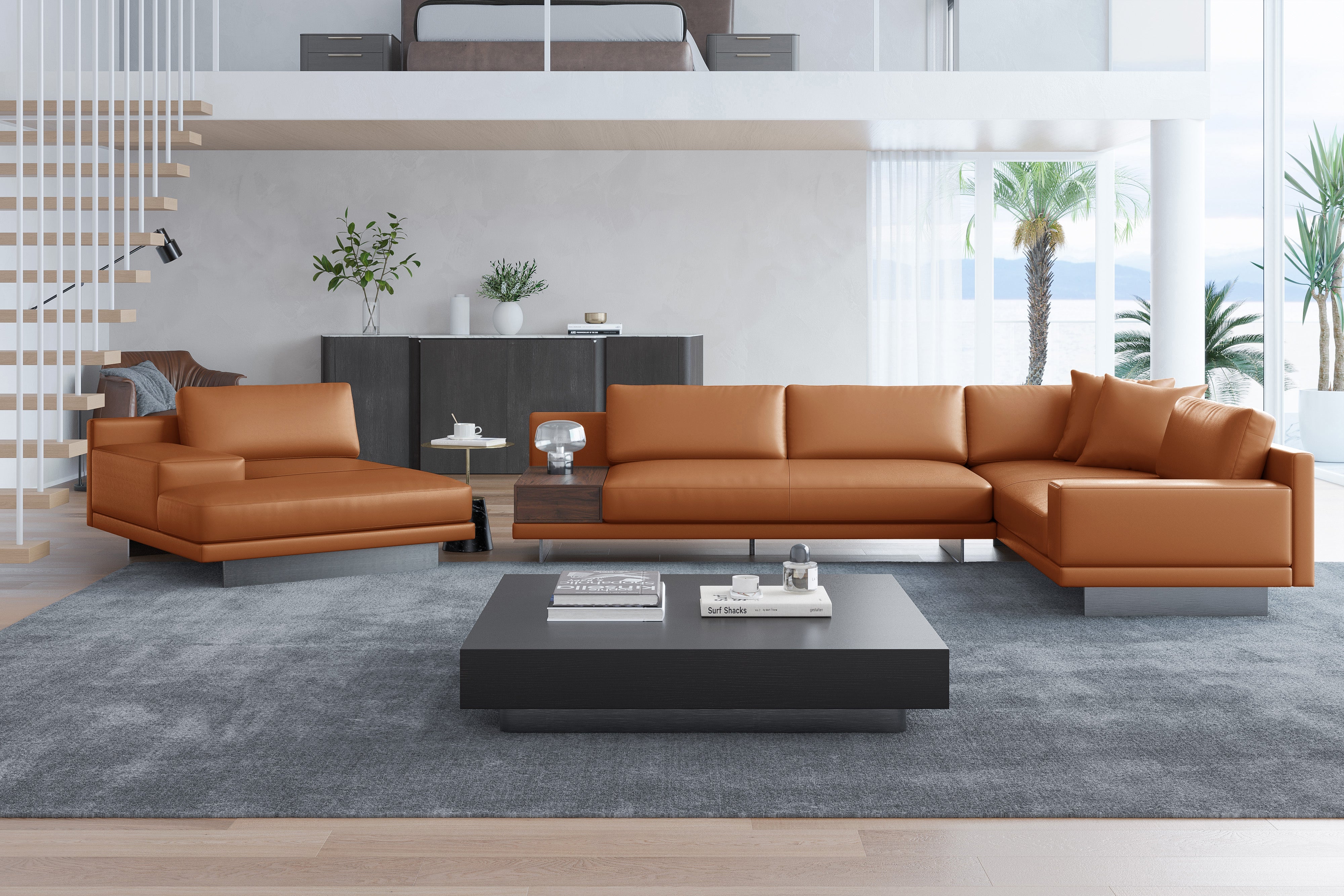 Valencia Alessandro Top Grain Leather Modular Sectional Left Chaise Sofa, Cognac