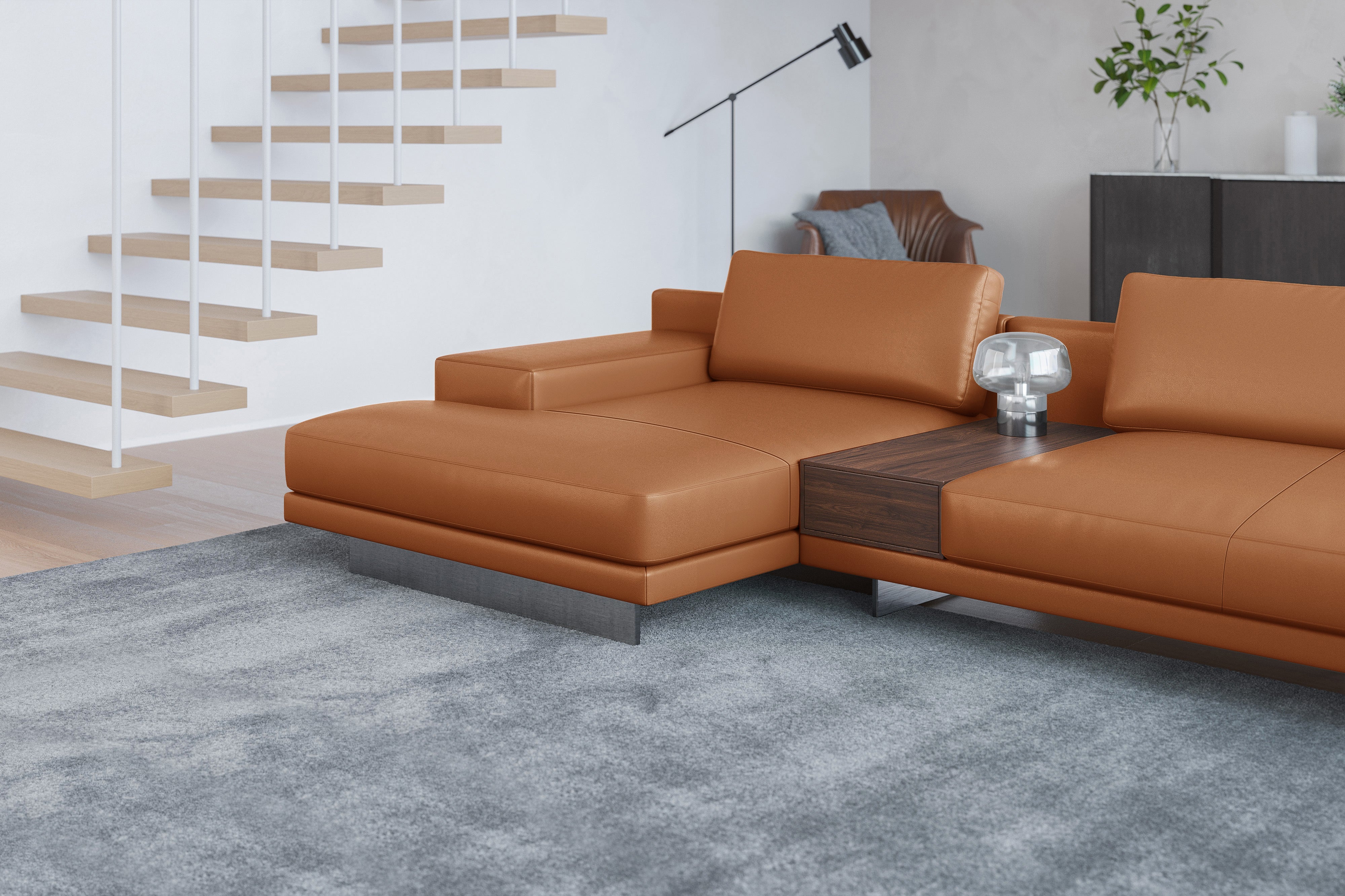 Valencia Alessandro Top Grain Leather Modular Sectional Left Chaise Sofa, Cognac