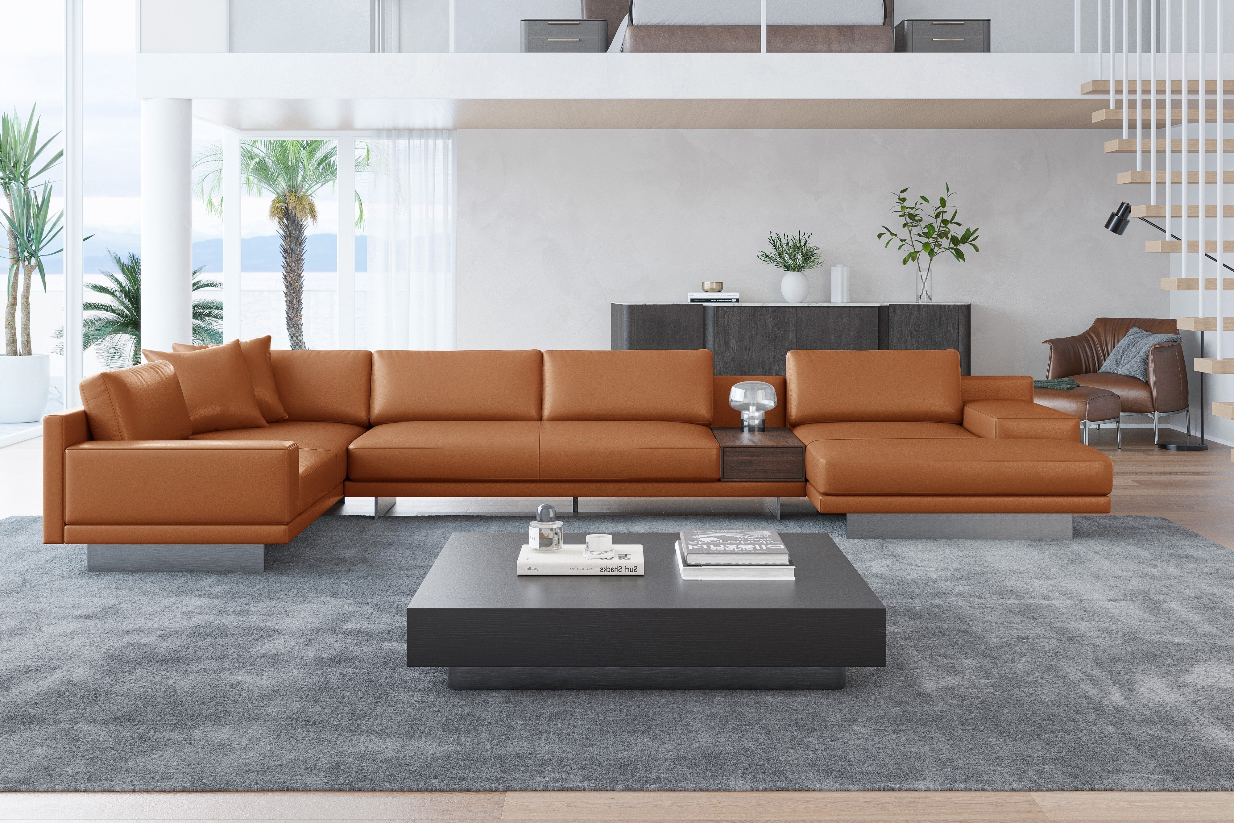 Valencia Alessandro Top Grain Leather Modular Sectional Right Chaise Sofa, Cognac