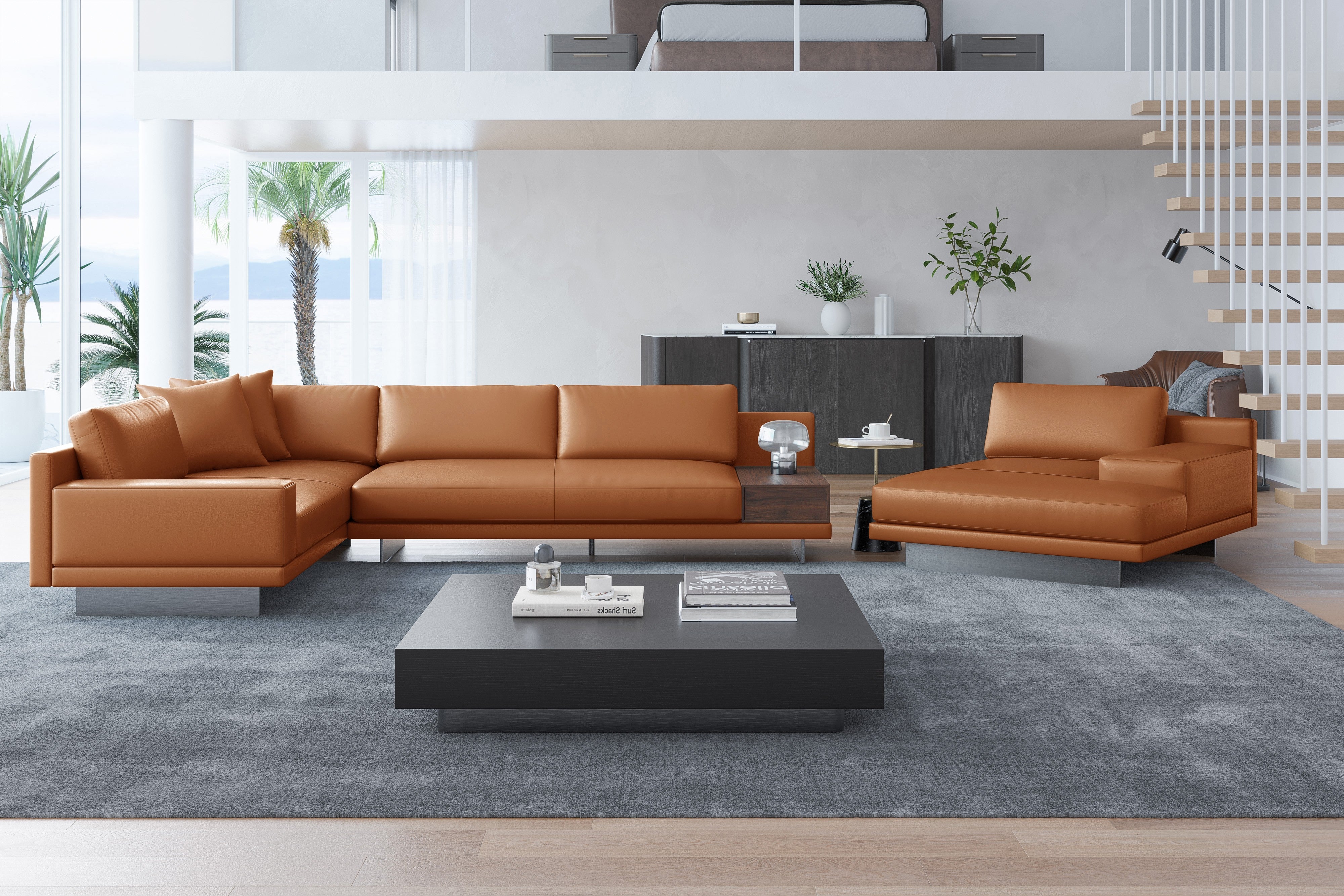 Valencia Alessandro Top Grain Leather Modular Sectional Right Chaise Sofa, Cognac