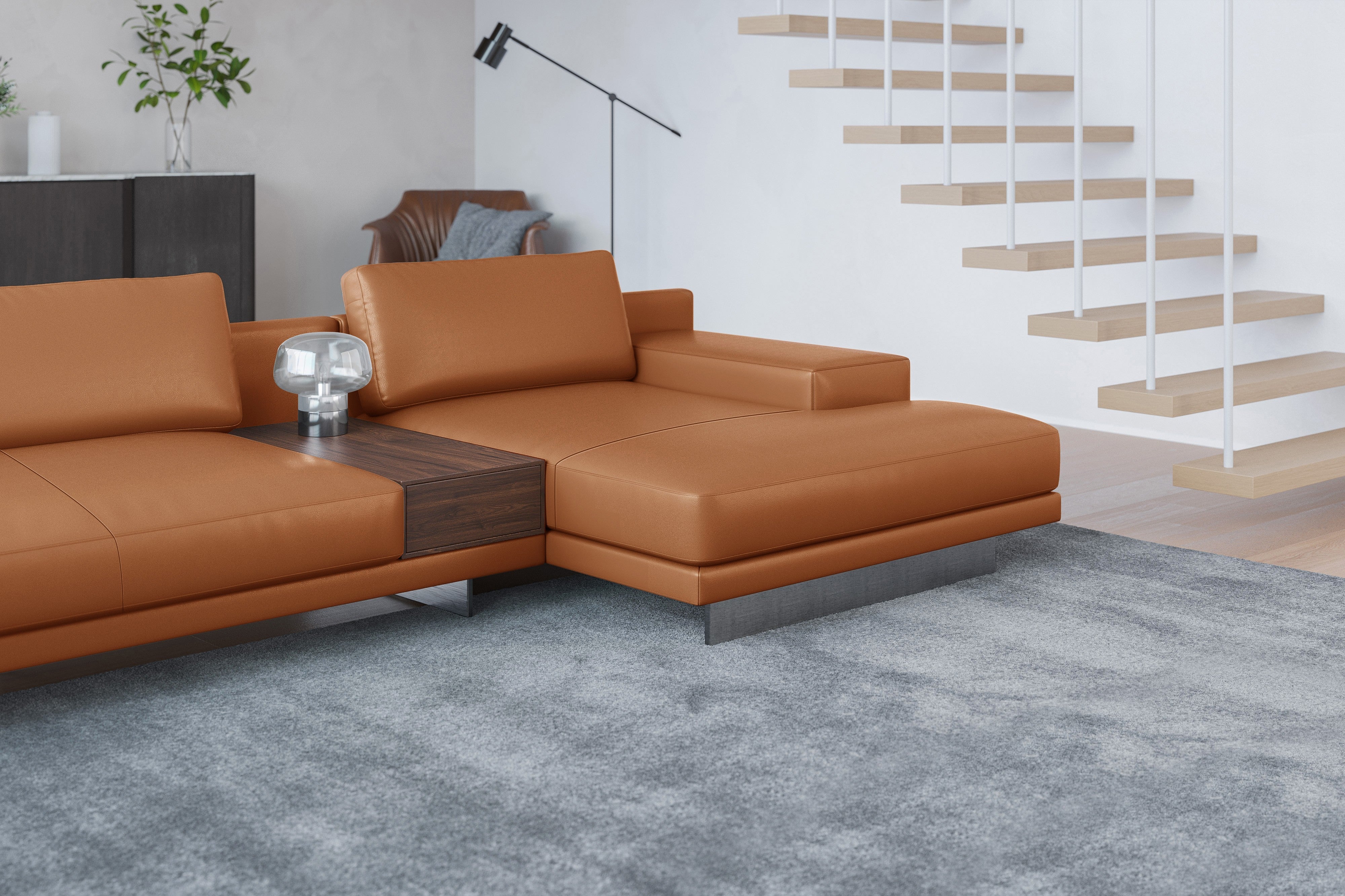 Valencia Alessandro Top Grain Leather Modular Sectional Right Chaise Sofa, Cognac